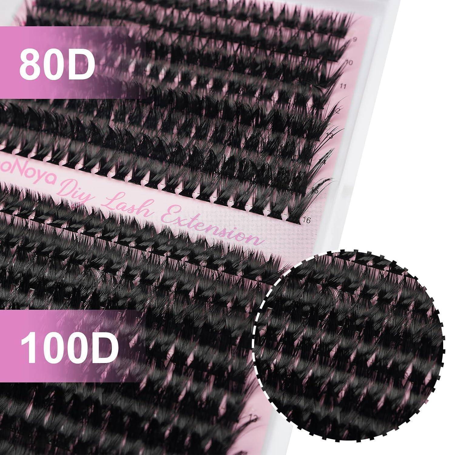 Nahaufnahme von schwarzen Wimpernverlängerungsstreifen mit den Bezeichnungen „80D