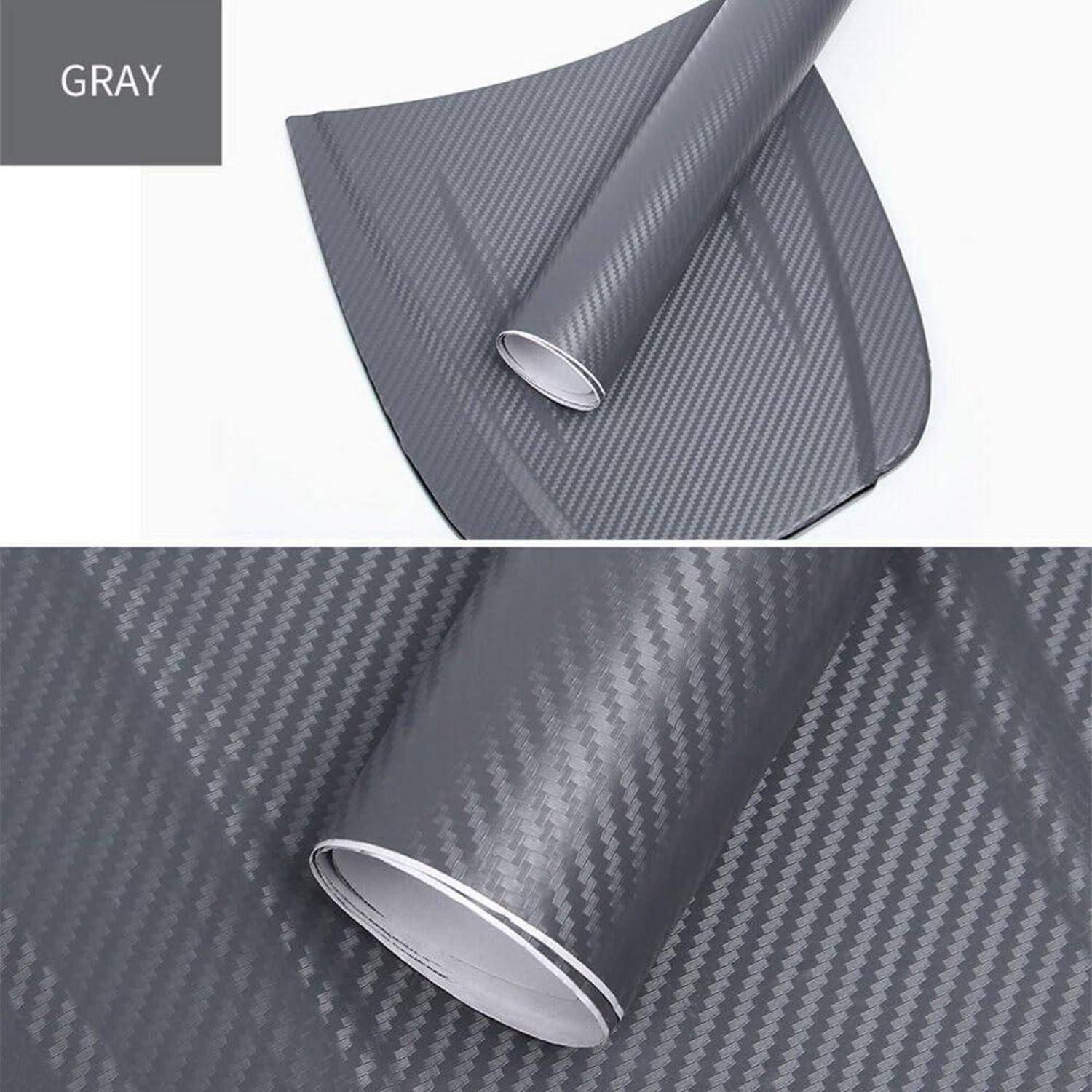 Graue Kohlefaser-Vinyl-Wrapping-Folie mit gerollter Kante, gezeigt in Nahaufnahme und eingefügter Ansicht.