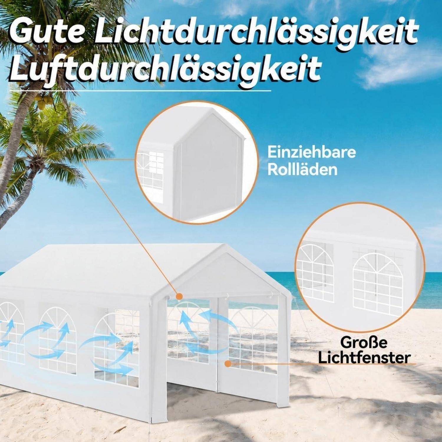 Produktgrafik eines weißen Eventzelts am Strand, das gute Lichteinstrahlung und Luftdurchlässigkeit, einziehbare Jalousien und große helle Fenster hervorhebt.