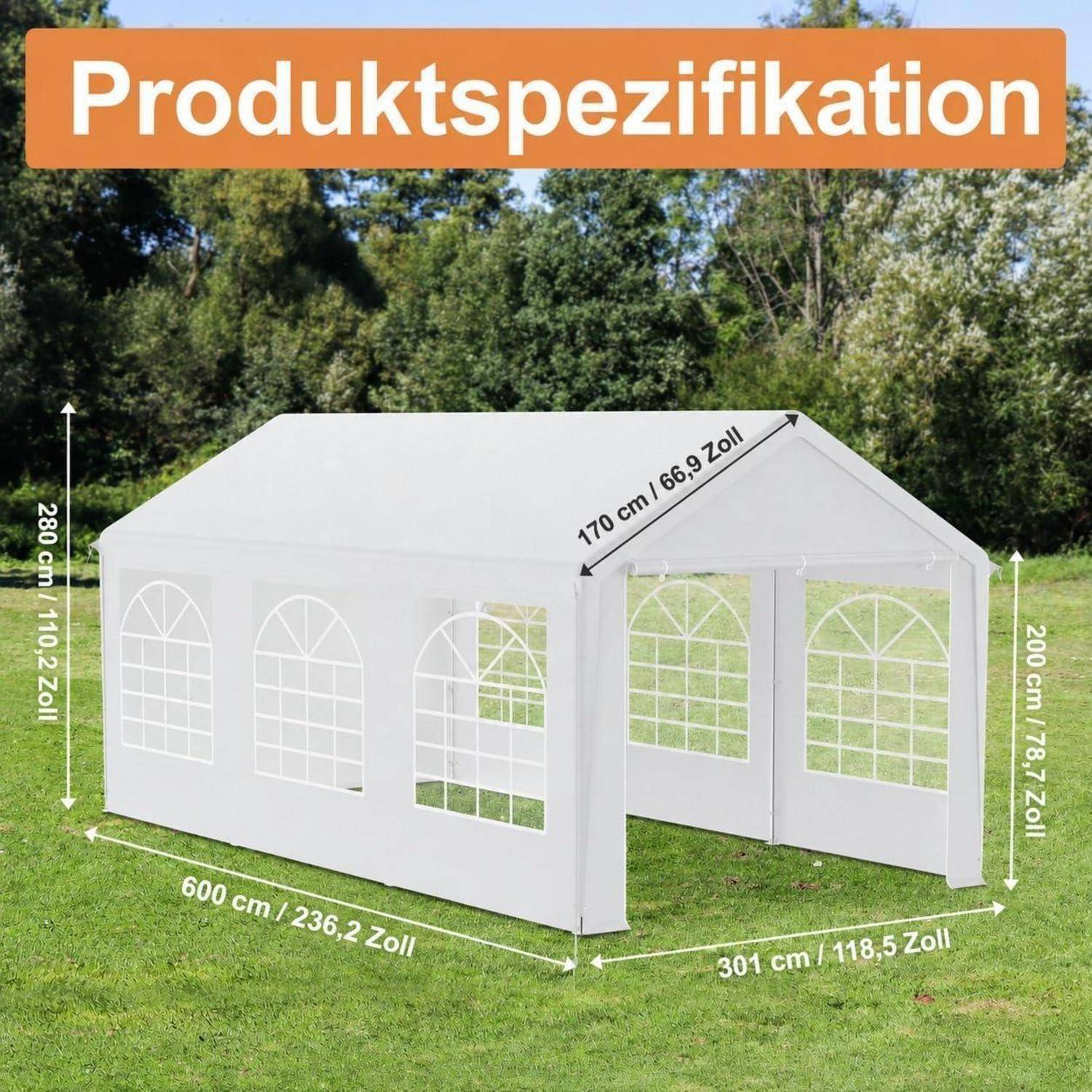 Produktspezifikationsbild eines weißen Outdoor-Partyzelt auf Gras, gekennzeichnet mit Abmessungen: 600 cm lang, 301 cm breit, 280 cm hoch und 200 cm Seitenhöhe.