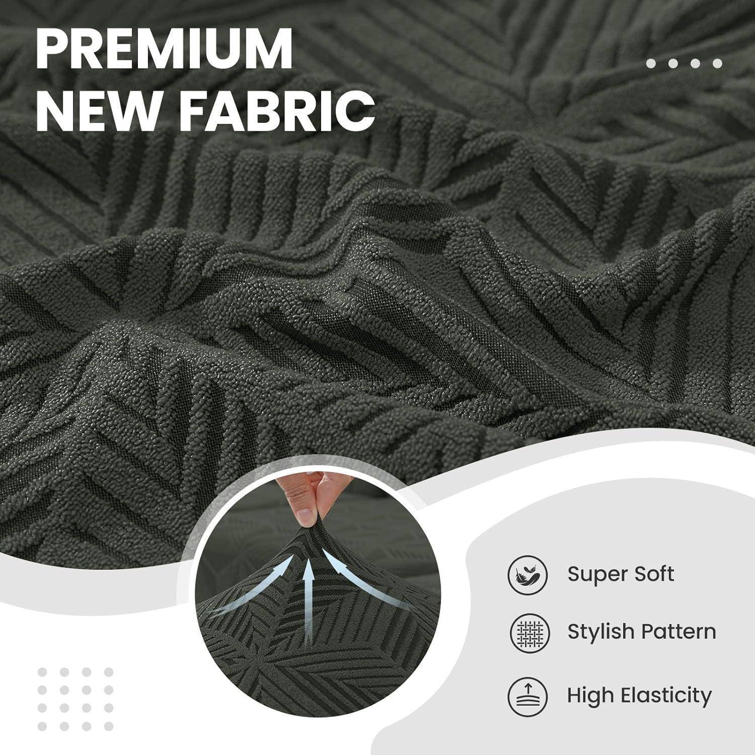 Werbegrafik aus dunklem strukturiertem Stoff mit der Aufschrift „PREMIUM NEW FABRIC", die hervorhebt: super weich, stilvolles Muster und hohe Elastizität.