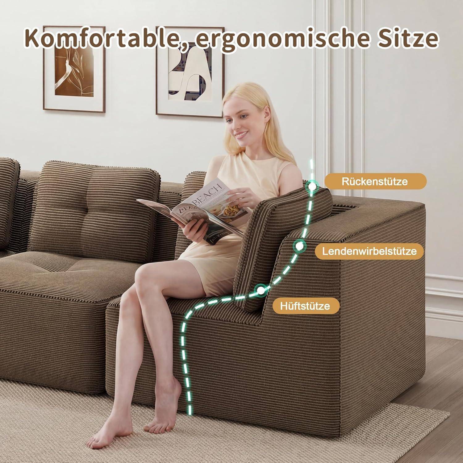 Frau, die auf einem Ecksofa sitzt und eine Zeitschrift liest, mit gekennzeichneten Stützpunkten, die ergonomische Rücken-, Lenden- und Hüftunterstützung hervorheben.