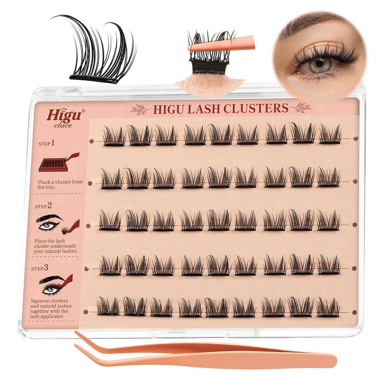 Verpacktes Higu-Wimpernbüschel-Set mit fünf Reihen künstlicher Wimpern und bebilderten Schritt-für-Schritt-Anwendungsanweisungen sowie Applikator-Werkzeugen.