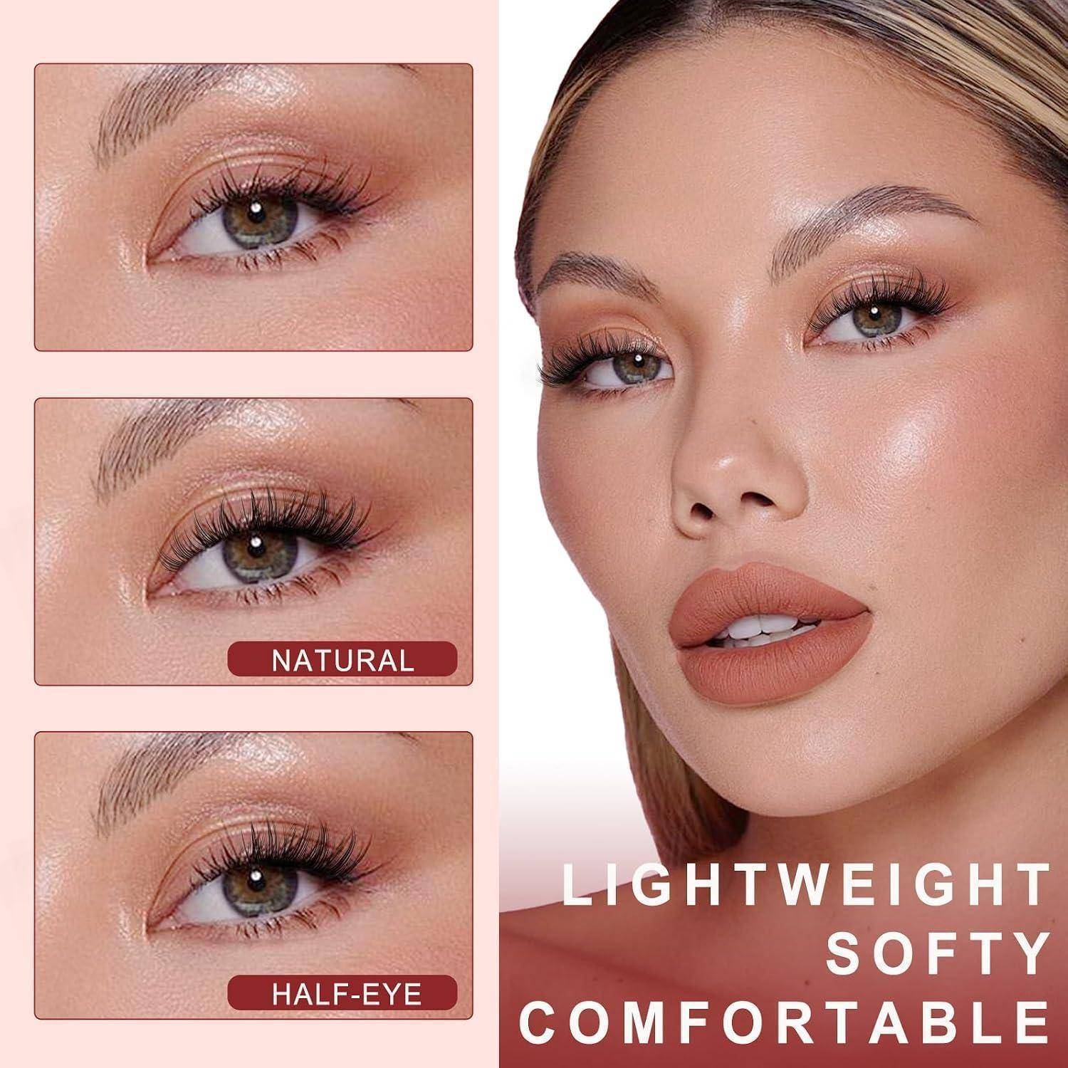 Anzeige für leichte, weiche und komfortable künstliche Wimpern, die eine Nahaufnahme des Auges vor und nach verschiedenen Stilen zeigt, mit den Beschriftungen 'NATÜRLICH' und 'HALB-AUGE' neben einem geschminkten Modell.