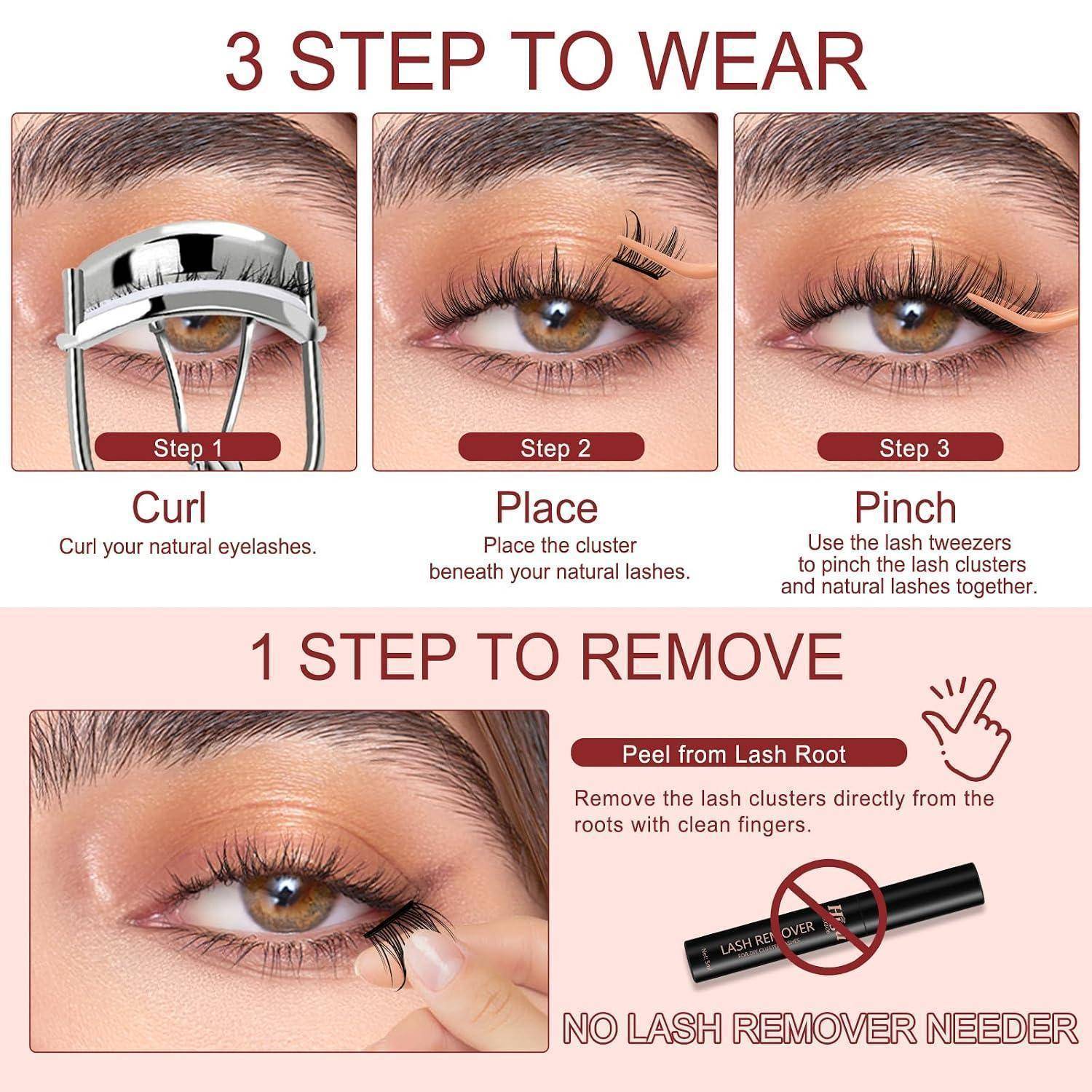 Die Infografik zeigt, wie man künstliche Wimpern in 3 Schritten anbringt und entfernt: kräuseln, platzieren, zusammendrücken; entfernen Sie die Wimpernbüschel durch Abziehen von der Wurzel.