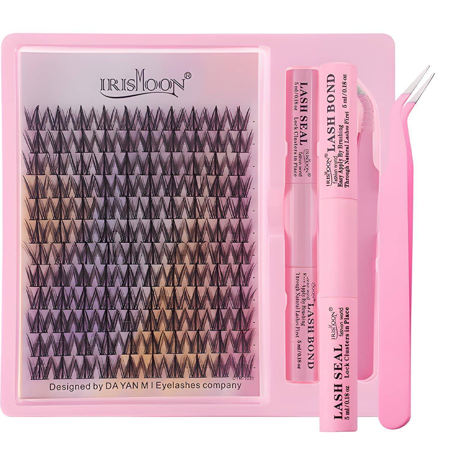 Erweiterungsset für Wimpern in Rosa mit einem Tablett aus künstlichen Wimpern, Wimpernversiegelung und Wimpernkleber-Tuben sowie einer Pinzette.
