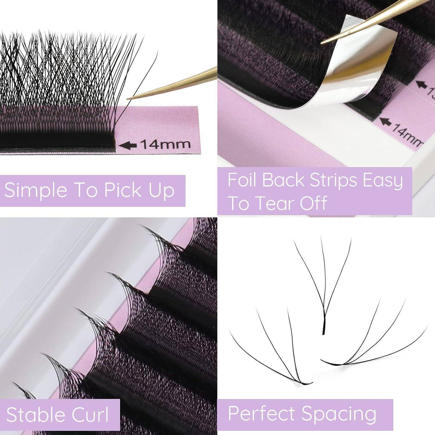 Vierpanel-Demonstration von Wimpernstreifen mit einfachem Greifen, Folienbacking zum Abziehen, stabiler Wölbung und gleichmäßiger Wimpernabstände.