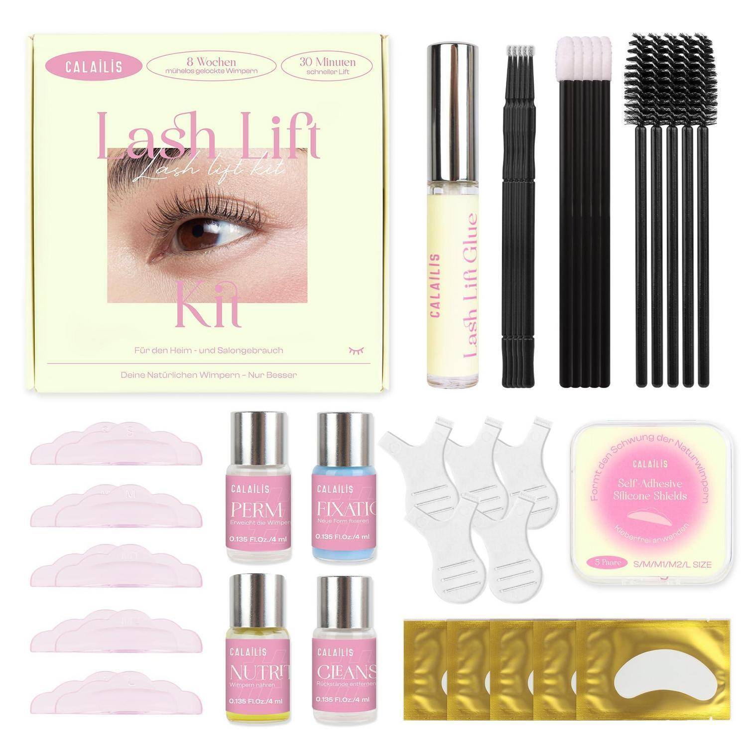 Wimpernlifting-Set Produktbild zeigt verpacktes Set, Wimpernkleber, Applikatoren, Silikonpads, vier Lösungsflaschen, Augenschutzschilde und goldene Augenpatches.