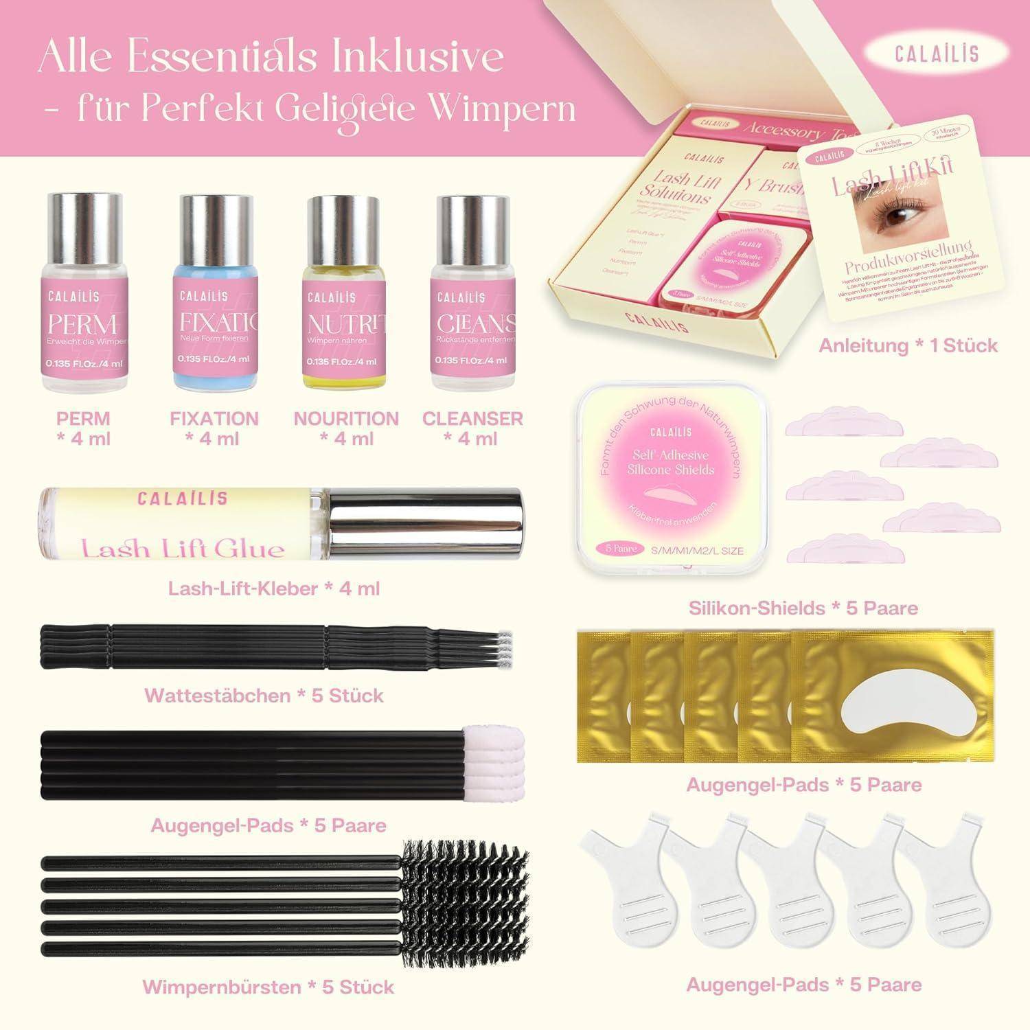 Werbebild eines CalaLIS-Wimpernlifting-Sets, das vier Lösungsflaschen, Kleber, Silikonschilde, Applikarorstöbchen, Augenbrauenpolster, Bürsten und eine Anleitung zeigt.