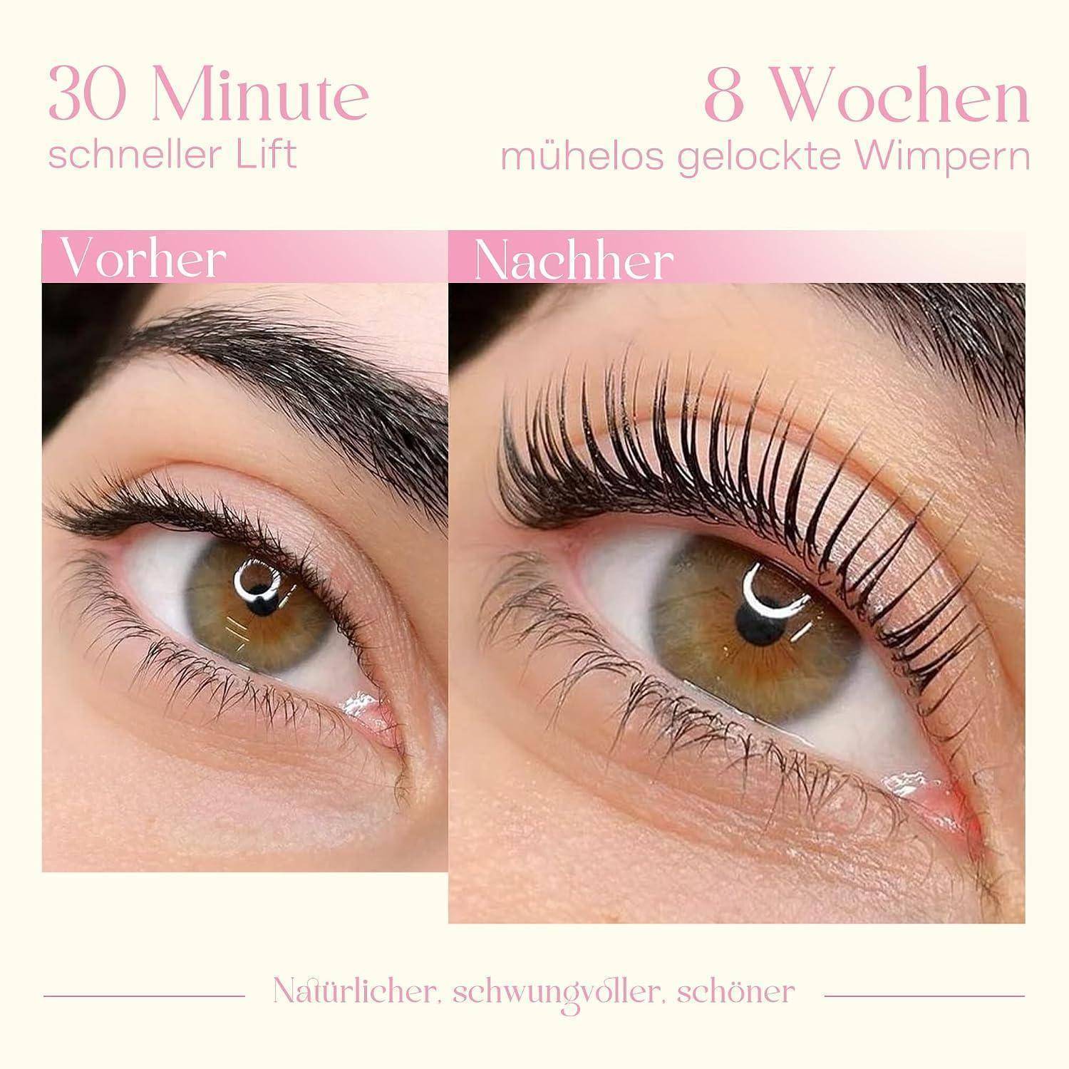 Vor-und-Nach-Wimpernlifting-Anzeige, die ein Auge vor und nach der Behandlung zeigt, mit deutschem Text: „30 Minuten schneller Lift