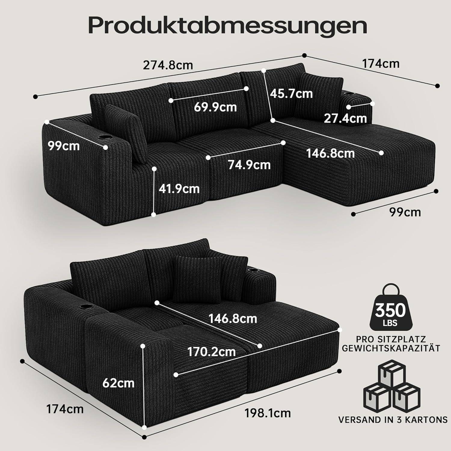 Diagramm mit Produktabmessungen eines schwarzen Ecksofa-Bettes: Draufsicht mit Maßen in cm, plus Abmessungen für das Schlafsofa und ein Symbol für eine Sitzlastkapazität von 350 lbs.