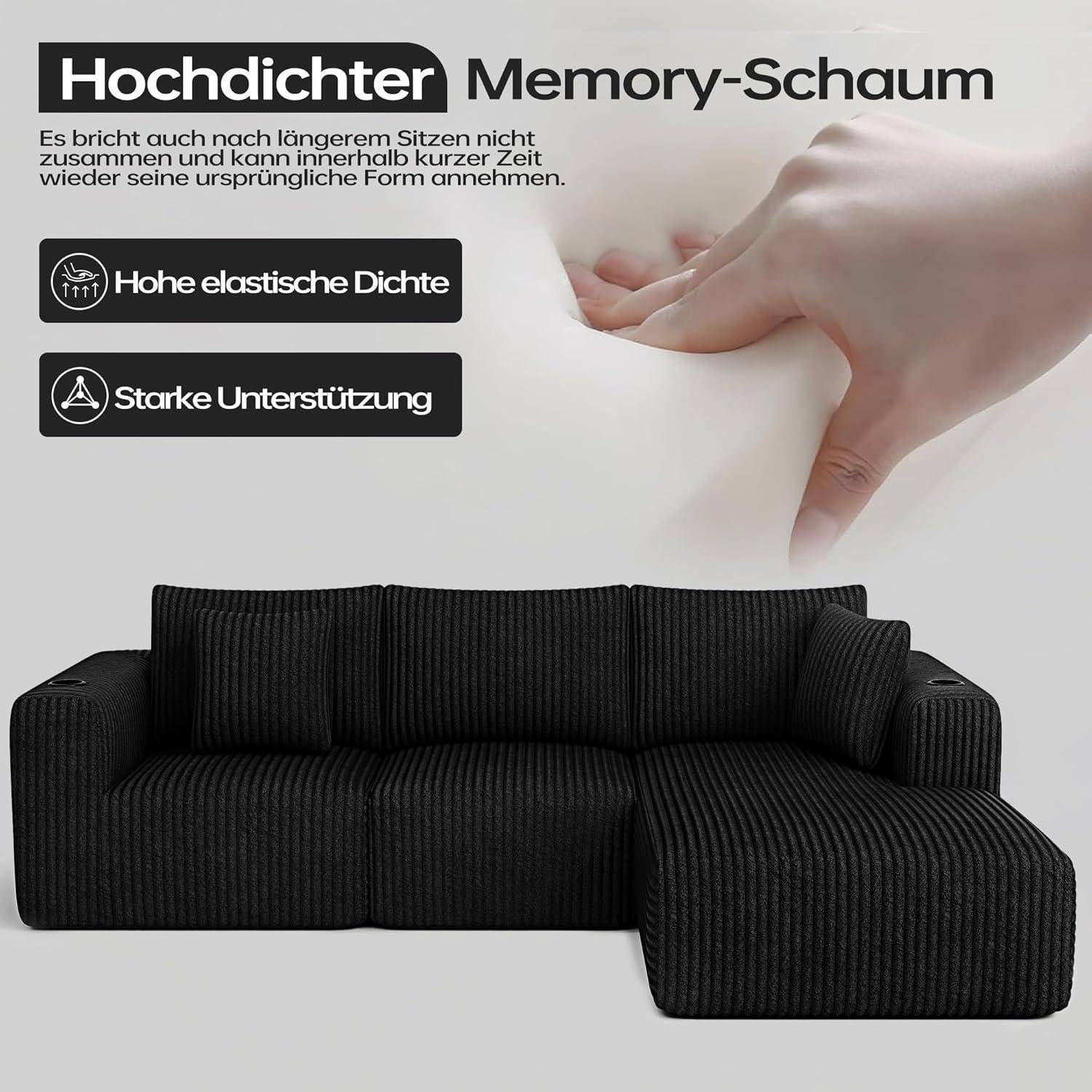DURASPACE Modulares Sofa, Cloud Boneless Couch mit tiefer Sitzfläche, Getränkehalter, Memory-Schaumstoff, L-förmige Couch aus Cord, ausziehbares Sc