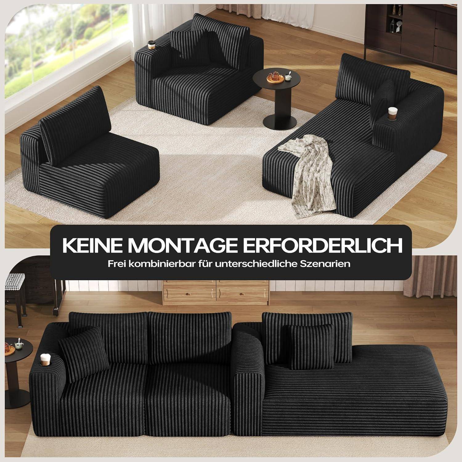 Schwarzes modulares Sofaset in zwei Layouts dargestellt, mit Text in Deutsch, der besagt „KEINE MONTAGE ERFORDERLICH