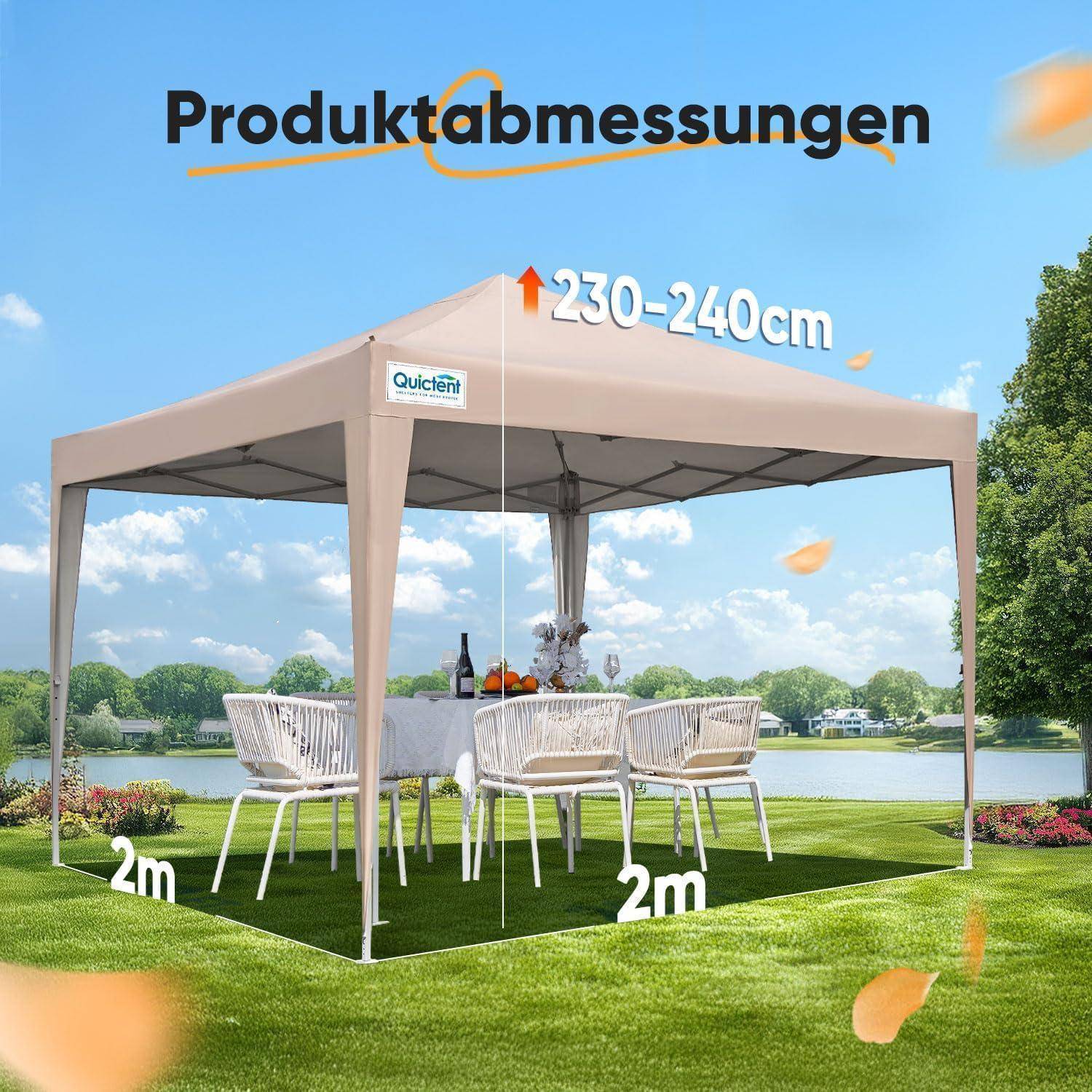 Produktmaße eines beigen Gartenpavillon-Zelts: 2 m x 2 m Grundfläche und 230-240 cm Höhe, dargestellt über einer Außenterrasse-Anordnung.