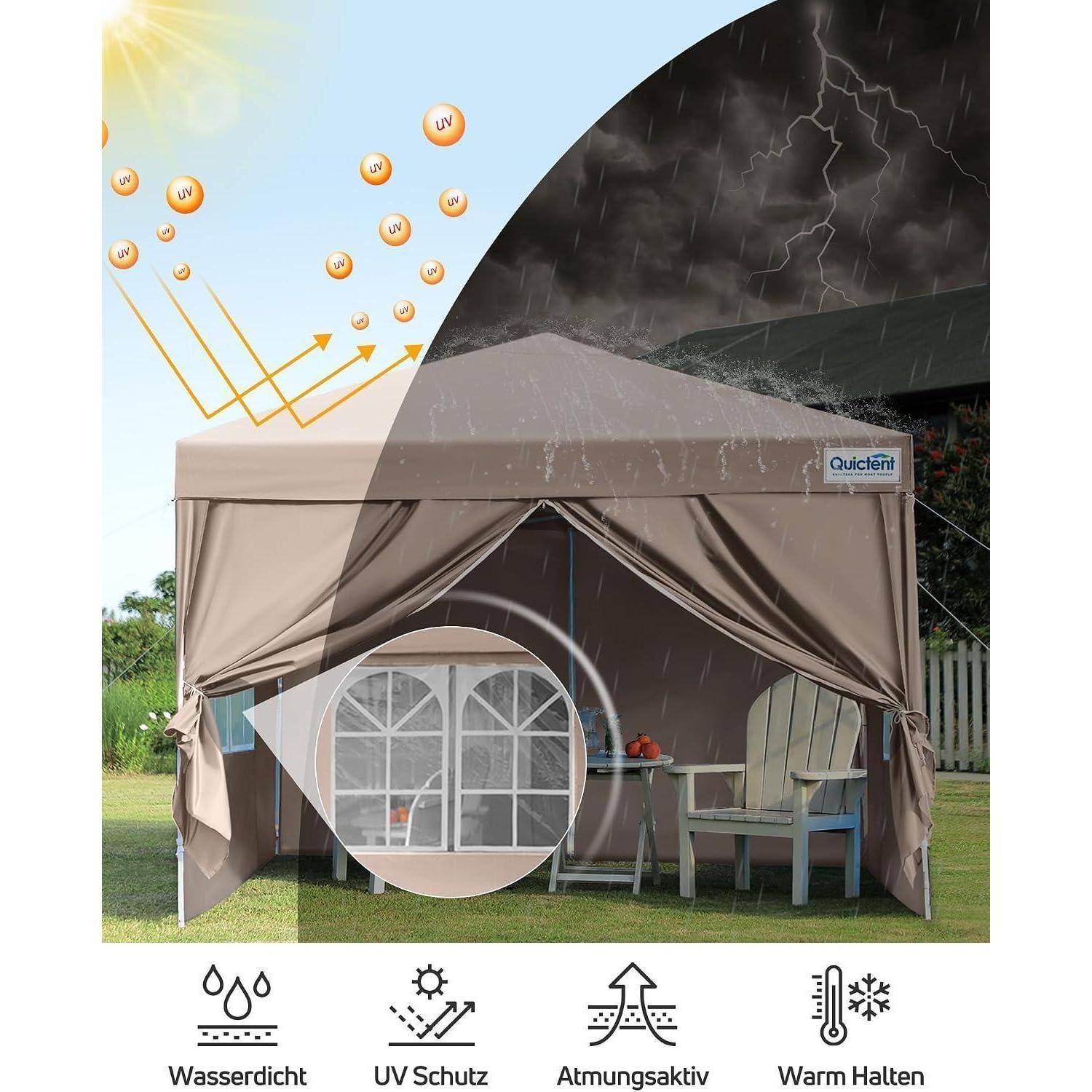 Outdoor-Markisenzelt in Draufsicht gezeigt: UV-Strahlen und klares Wetter auf der einen Seite, Regen und Sturm auf der anderen Seite, mit Symbolen für wasserdicht, UV-Schutz, atmungsaktiv und Wärmespeicherung.