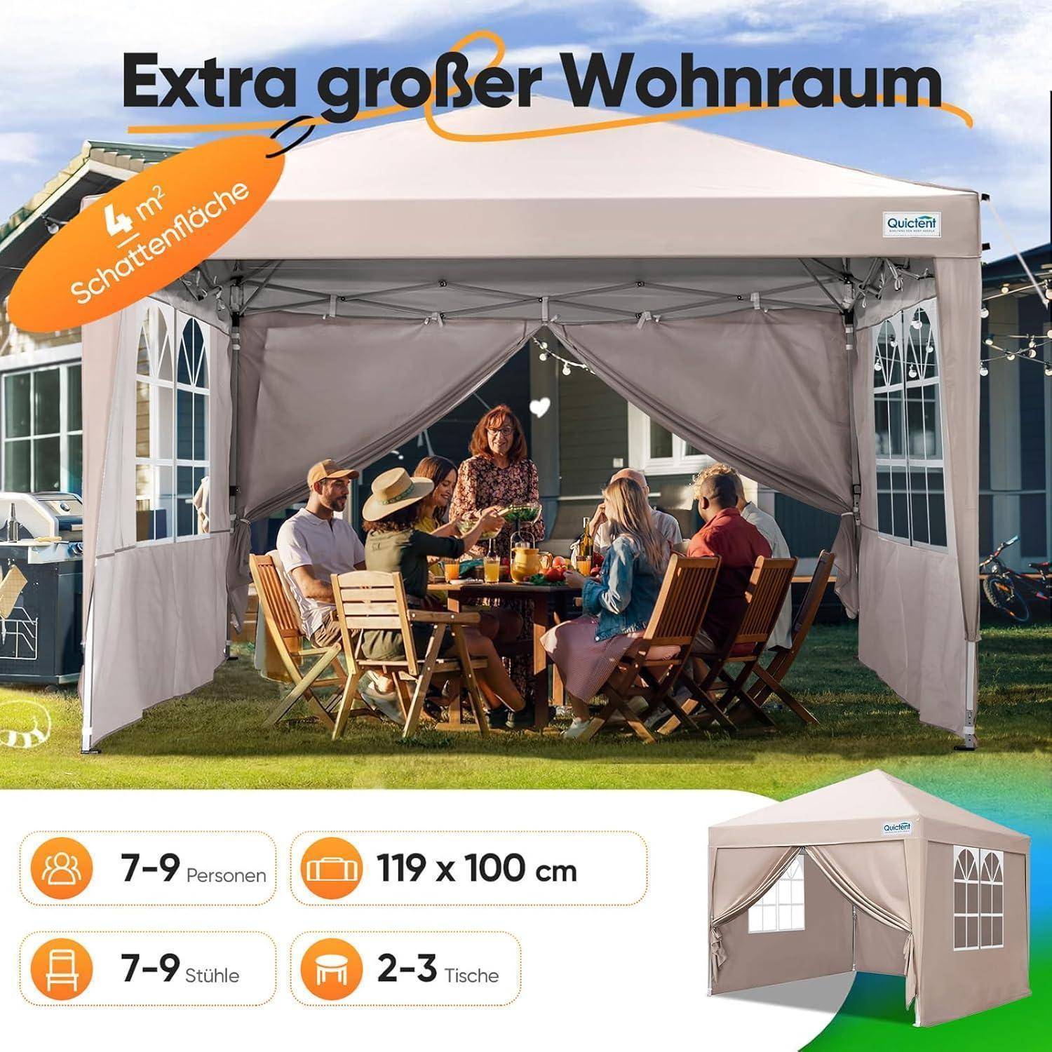 Werbung für ein QuickH-Zelt: 'Extrem großer Wohnbereich', 4 m² Schattenfläche, fasst 7-9 Personen, 119 x 100 cm, 2-3 Tische, gezeigt als Terrassen-Versammlungsschutz.