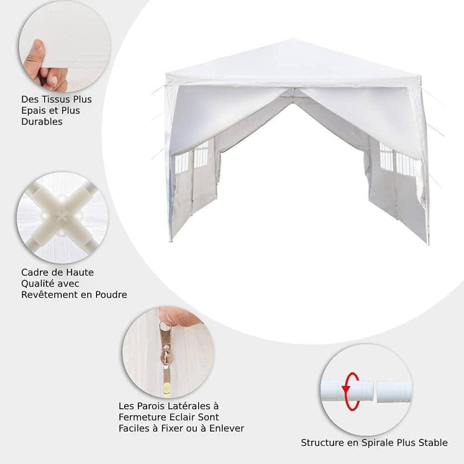 Weißes Pop-Up-Pavillon-Zelt mit Seitengardinen, gezeigt mit französischen Beschriftungen, die dickeres strapazierfähiges Gewebe, pulverbeschichtetes Gestell, leicht abnehmbare Seitenwände und stabile Spiralstruktur hervorheben.