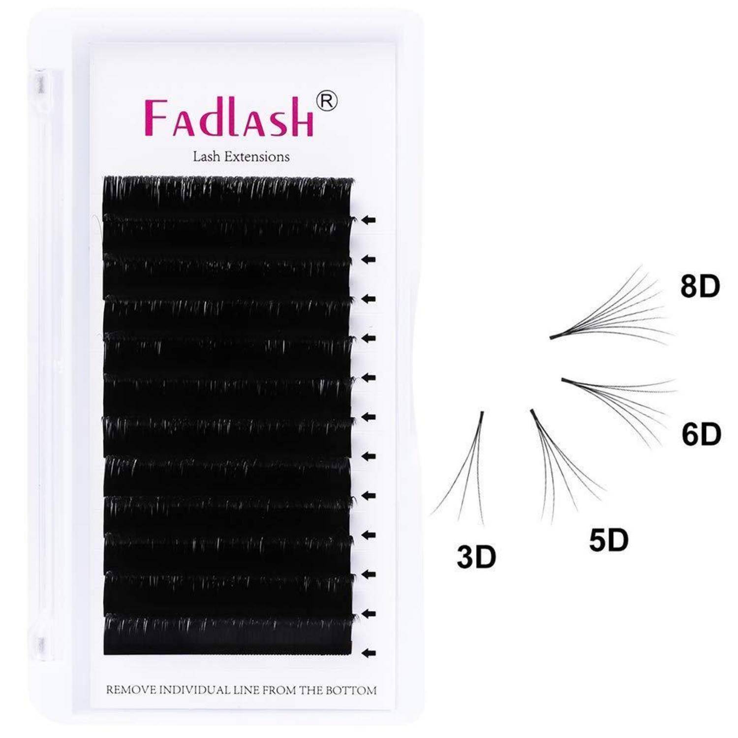 Fadlash Wimpernverlängerungs-Set mit schwarzen einzelnen Wimpernstreifen, mit Diagramm der 3D-, 5D-, 6D- und 8D-Fächerwimpern-Stile.