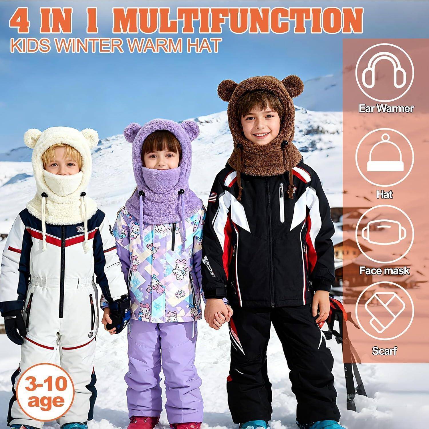 Drei Kinder in Winterkleidung tragen multifunktionale Gesichtsabdeckungen mit der Bezeichnung Ohrenwärmer, Mütze, Gesichtsmaske und Schal; die Anzeige sagt „4 IN 1 MULTIFUNKTION