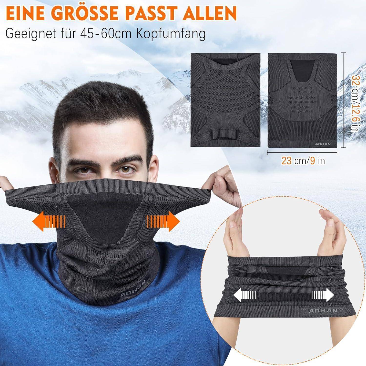 Nackenmaschera dargestellt beim Dehnen, um eine Größe für einen Kopfumfang von 45-60 cm zu passen, mit Produktansichten und Abmessungen von 23 cm x 32 cm.