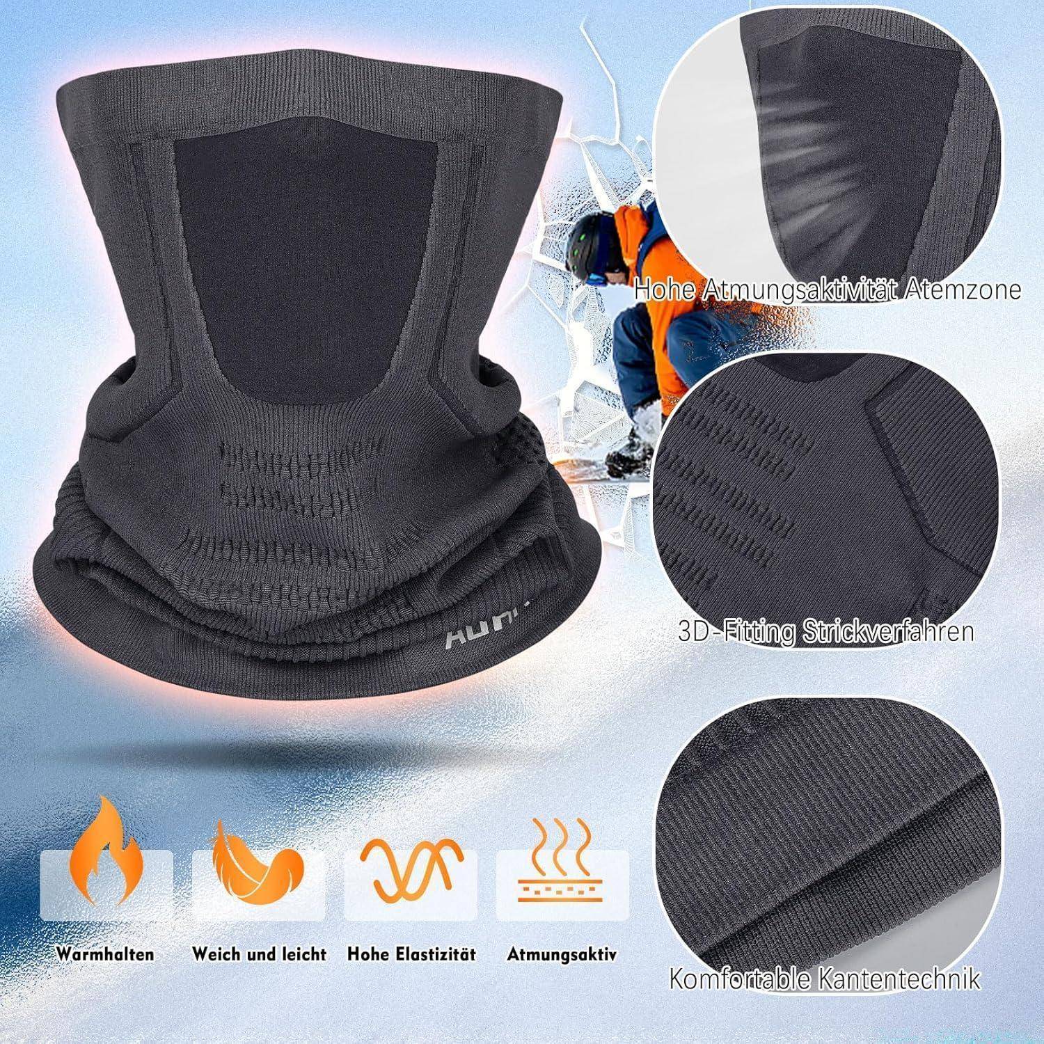 Schwarzer gestrickter Nackenwärmer oder Gesichtsschutz mit Nahaufnahmen, die das atmungsaktive, elastische, warme Material und die nahtlose 3D-Strickverarbeitung hervorheben.