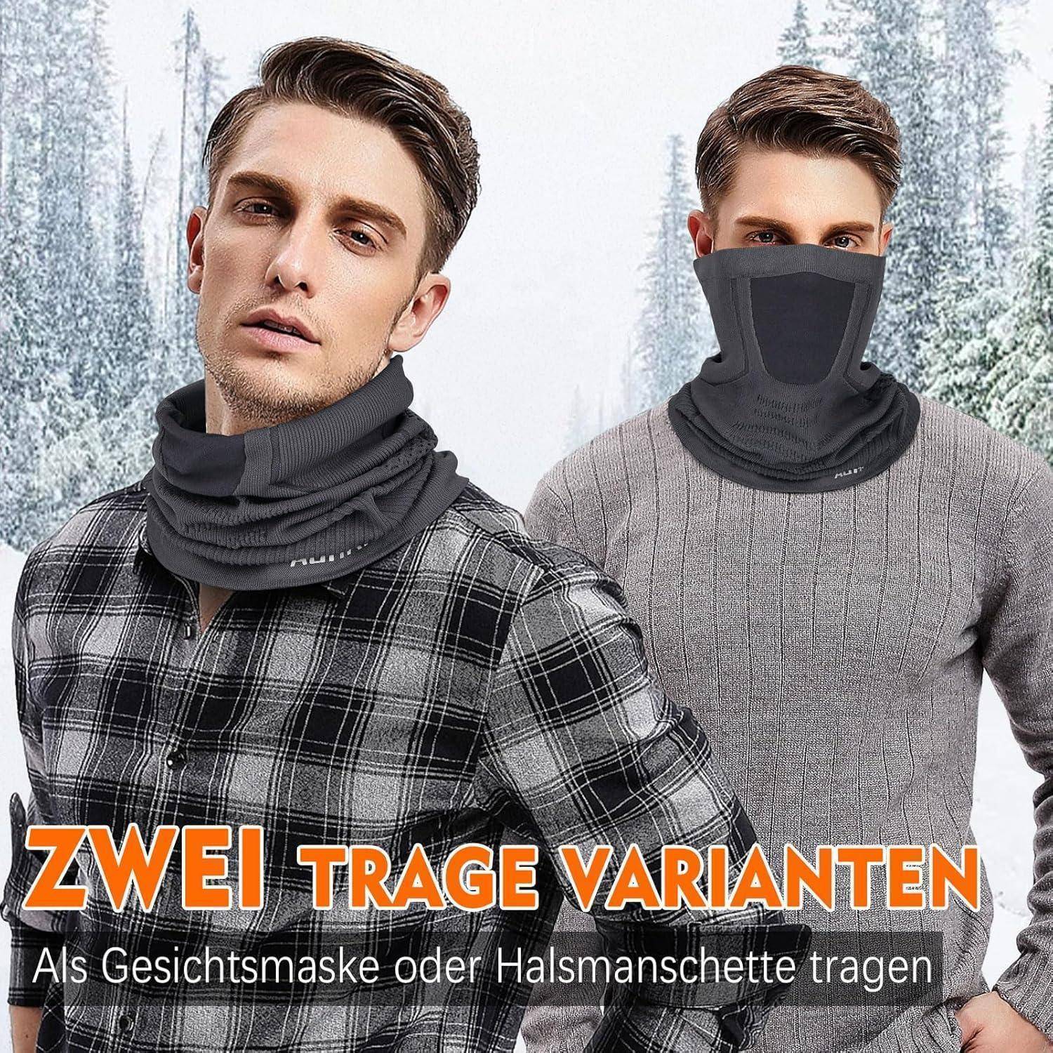 Zwei Männer zeigen eine dunkelgraue Halswärmer, die auf zwei Arten getragen wird: als Gesichtsmaske und als Halswärmer. Der Text lautet „ZWEI TRAGE VARIANTEN" und „Als Gesichtsmaske oder Halsmanschette tragen"".