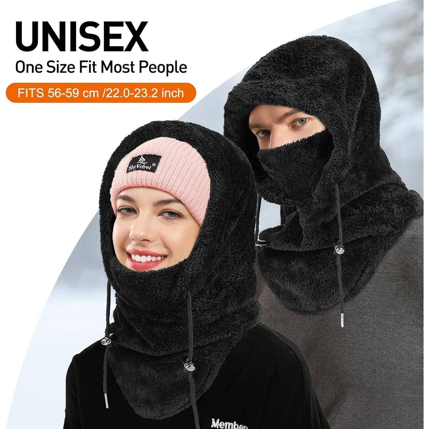 Anzeige für eine unisex Wintermütze in Universalgröße, gezeigt an einer Frau und einem Mann in schwarzen und rosa Versionen, passt für Kopfumfang 56-59 cm.