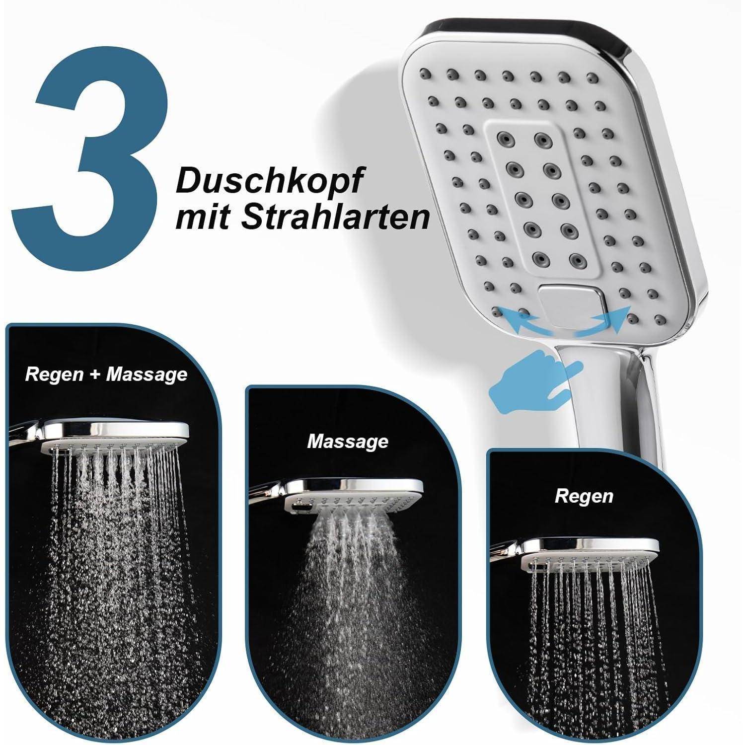 Duschkopf mit 3 Sprühmodi, bezeichnet als „Regen + Massage