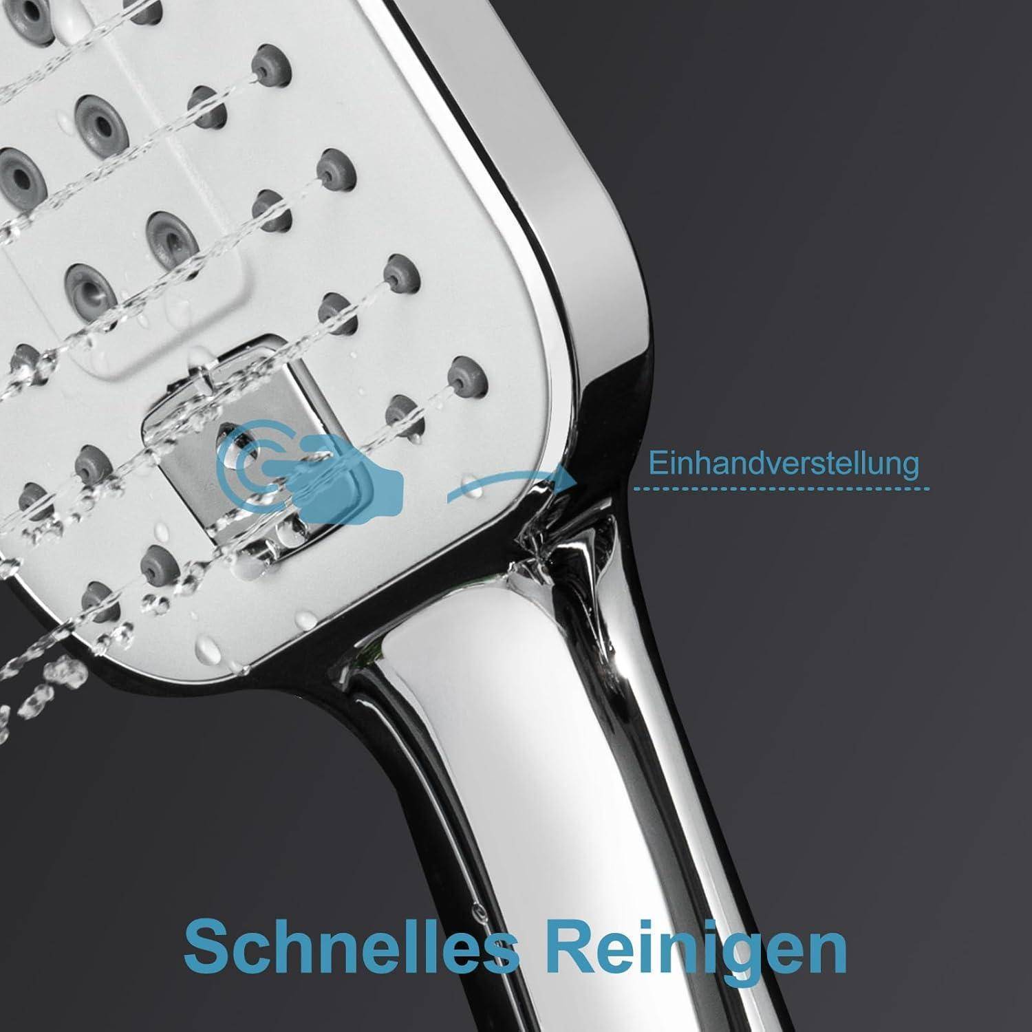 Chromierter tragbarer Duschkopf sprüht Wasser, beschriftet mit „Einhandverstellung