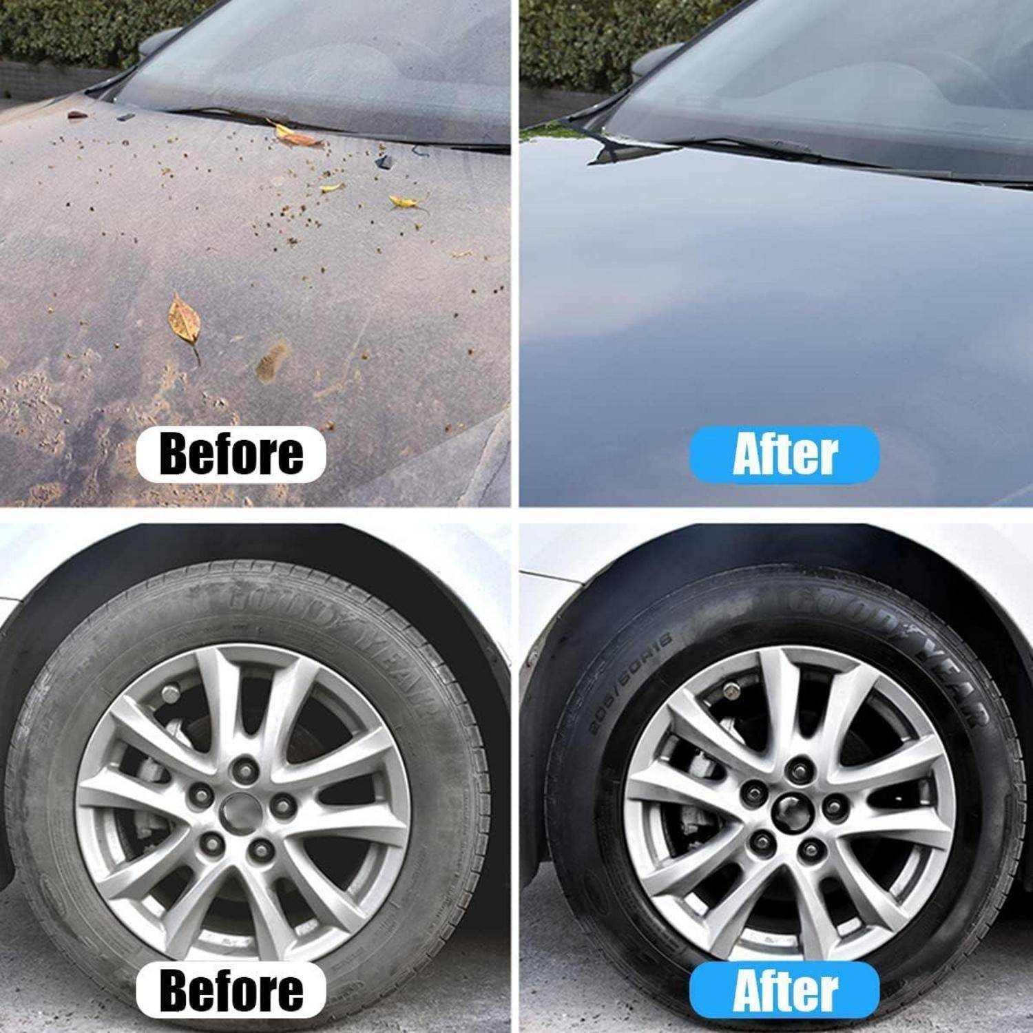 Vierteiliges Vorher-und-Nachher-Autopolitur-Bild, das eine staubige Motorhaube und ein schmutziges Rad zeigt, die zu einer glänzenden Motorhaube und einem glänzenden Rad gereinigt wurden.