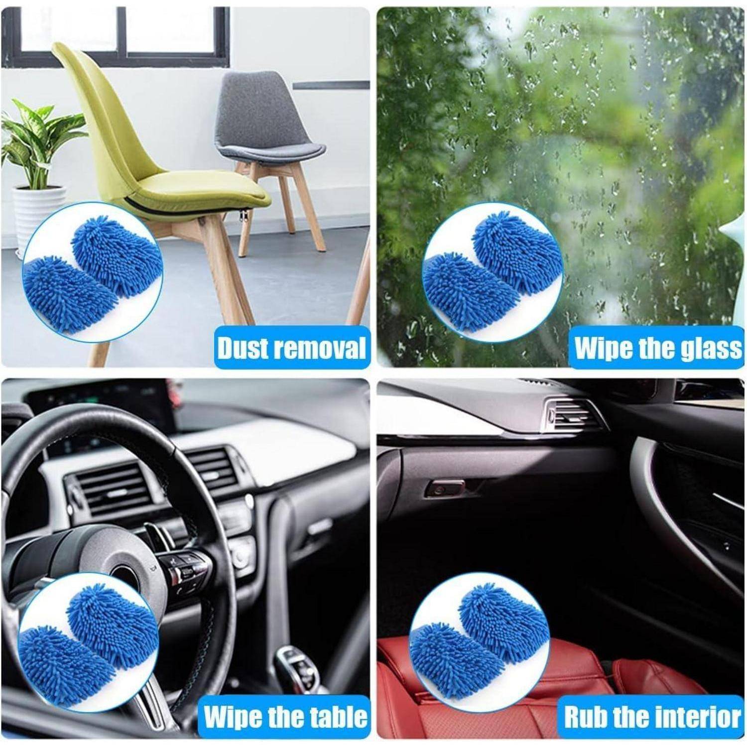 Vierteiliges Werbeplakat mit einem blauen Mikrofasertuch beim Reinigen eines Stuhls, einer Fensterscheibe, eines Armaturenbretts und eines Autoinnenraums; die Beschriftungen lauten „Staubentfernung