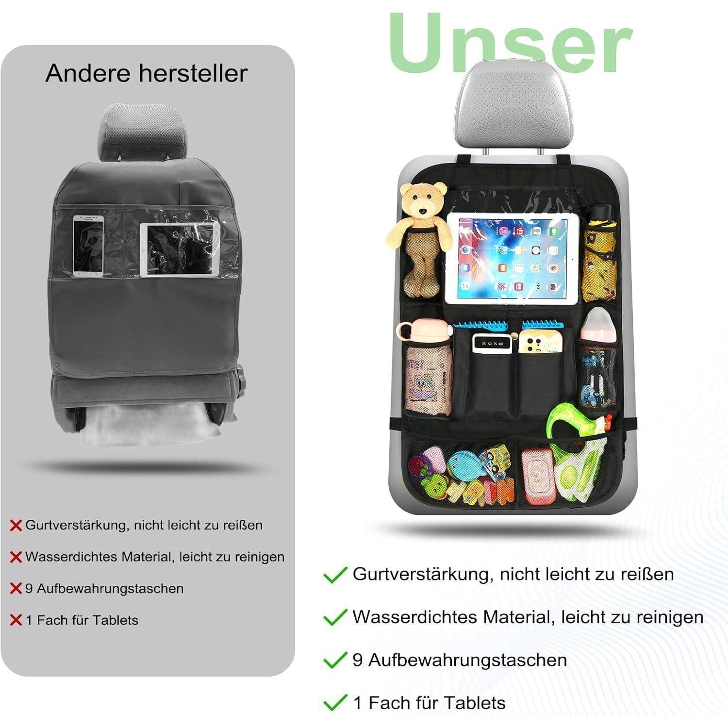 Rückenlehnenschutz Auto Kinder Stärke-Upgrade, Autositz Organizer mit 10 Aufbewahrungsbeuteln, Auto Organizer Kinder Leicht Zu Reinigen, Wasserdicht