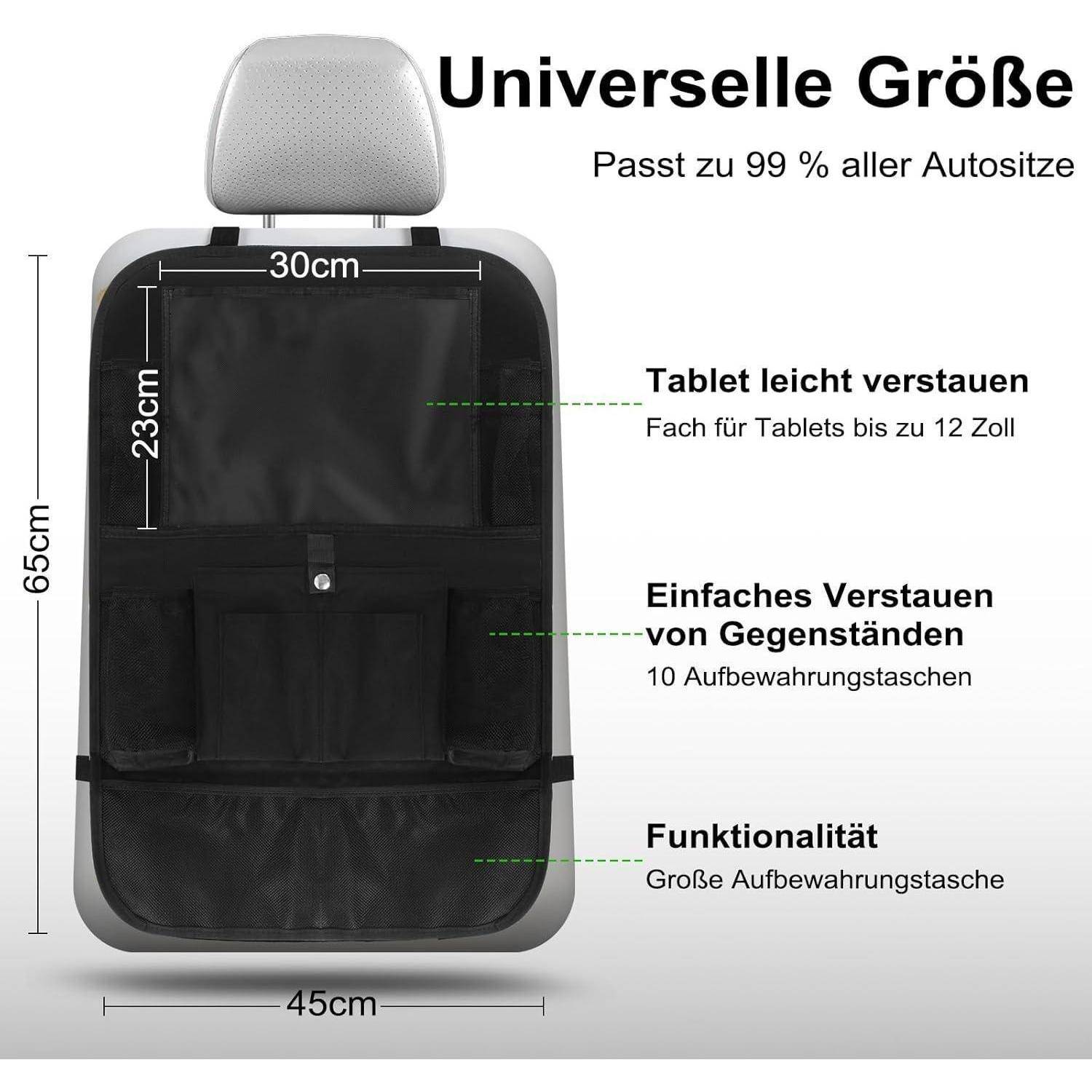Kfz-Autositzorganizer mit 10 Taschen und Tablet-Fach, passend für die meisten Sitze; Abmessungen 65 cm hoch, 45 cm breit, Taschenfläche 30 x 23 cm.