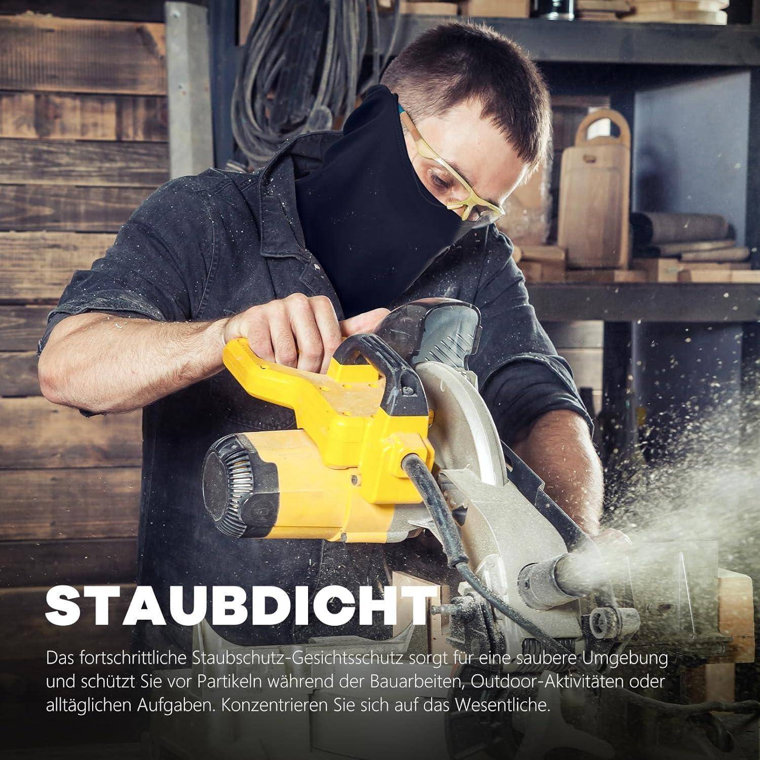 Maskierter Mann benutzt eine gelbe Kreissäge in einer Werkstatt; deutscher Text wirbt für die Staubschutzmaske „STAUBDICHT