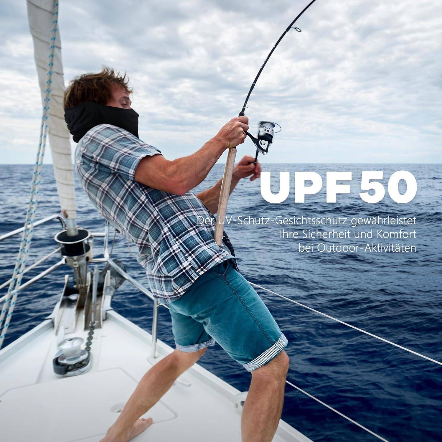 Mann angelt auf einem Segelboot auf dem Meer, mit Textüberlagerung „UPF 50