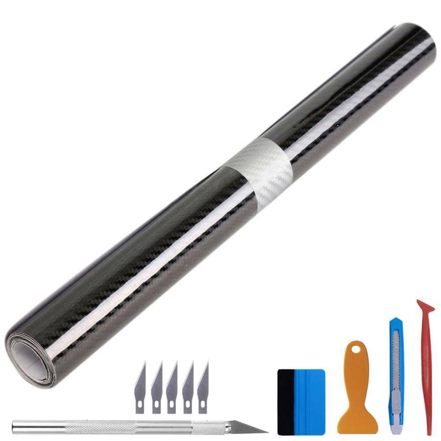 Rolle Kohlefaser-Vinylfolie mit einem Satz Applikationswerkzeugen: Universalmesser, Schaber, Rakel und Messerersatzklingen.