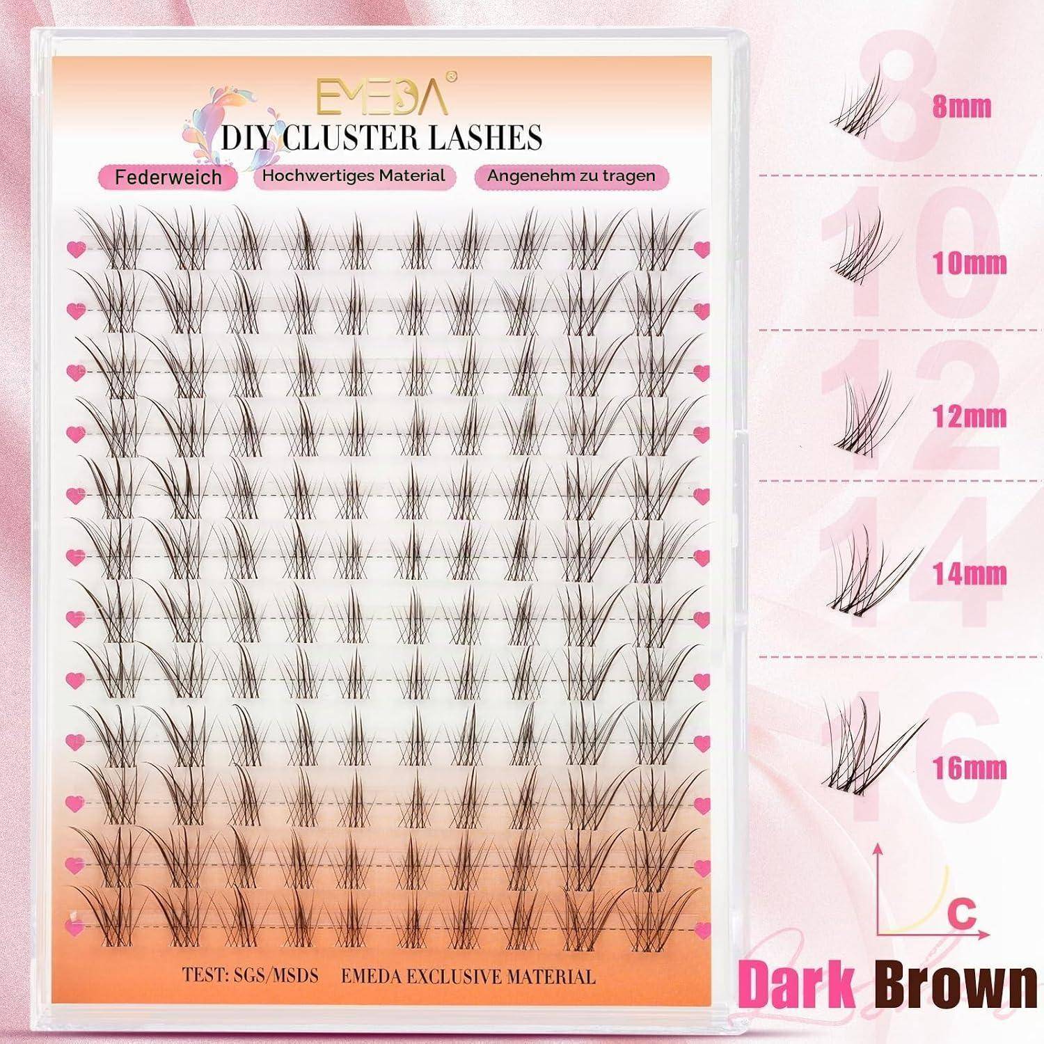 Produktabbildung von EVEA DIY Wimpernbüscheln in Dunkelbraun, die mehrere Wimpernbüschel in verschiedenen Längen von 8mm bis 16mm zeigt.