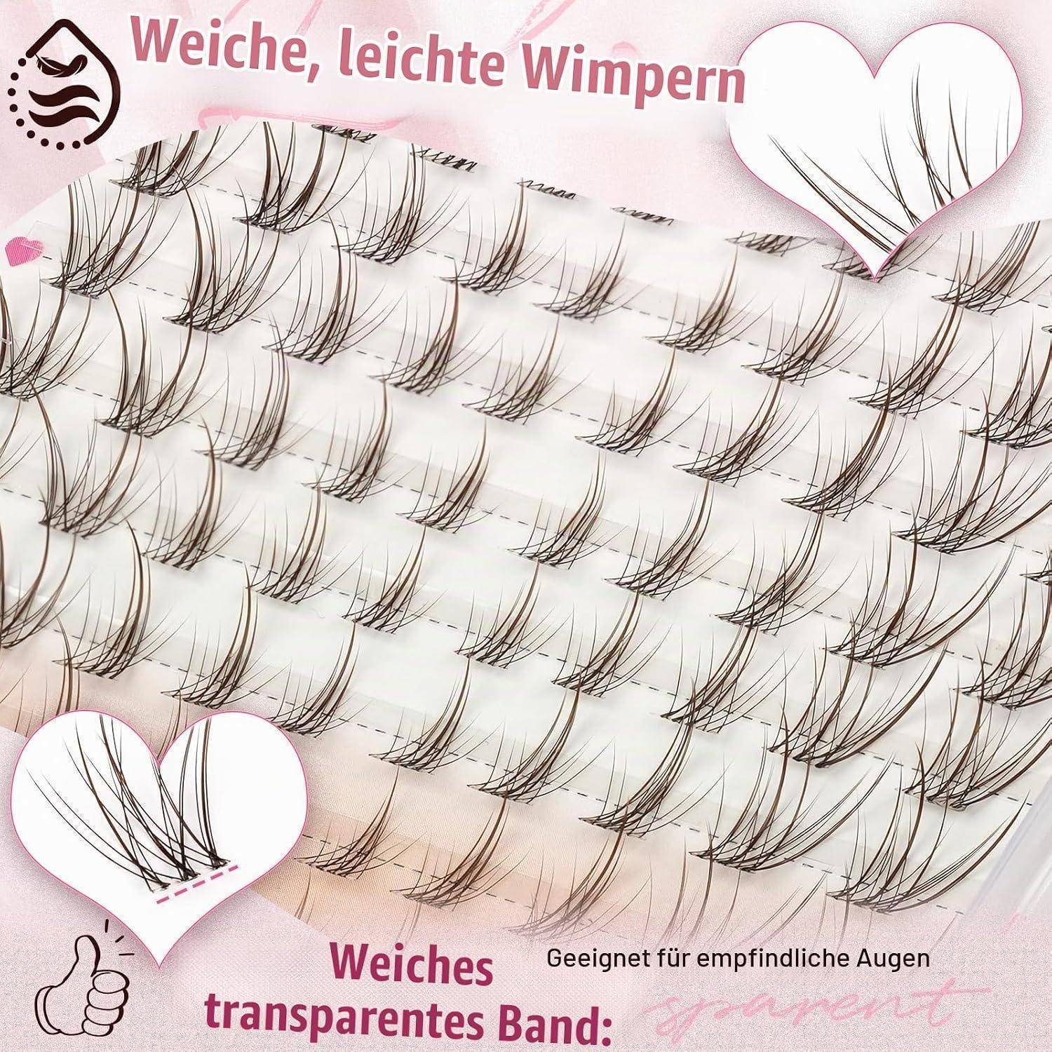 Nahaufnahme von weichen, leichten künstlichen Wimpern auf einem transparenten Band, mit deutscher Beschriftung als geeignet für empfindliche Augen.