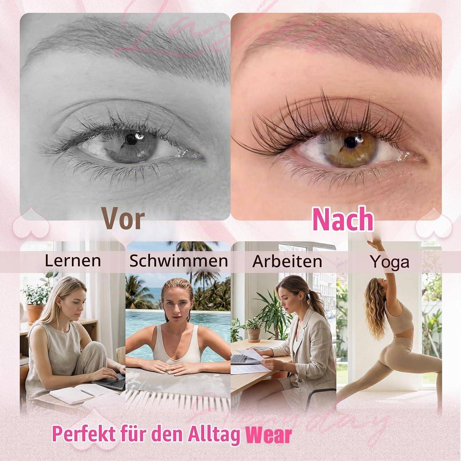 Vorher-und-Nachher-Wimpernvergleich mit deutschen Beschriftungen „Vor