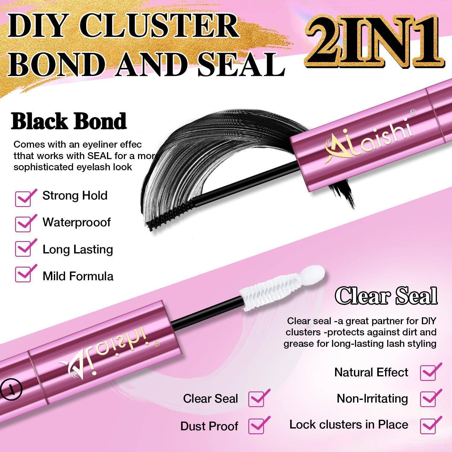 Werbegrafik für DIY-Cluster-Wimpern-Kleber 2-in-1: schwarzer Bond und transparentes Sealing. Zeigt mascaraähnliche Tuben und bewirbt starken Halt, wasserfest, langanhaltend, mild, staubfest, nicht reizend.