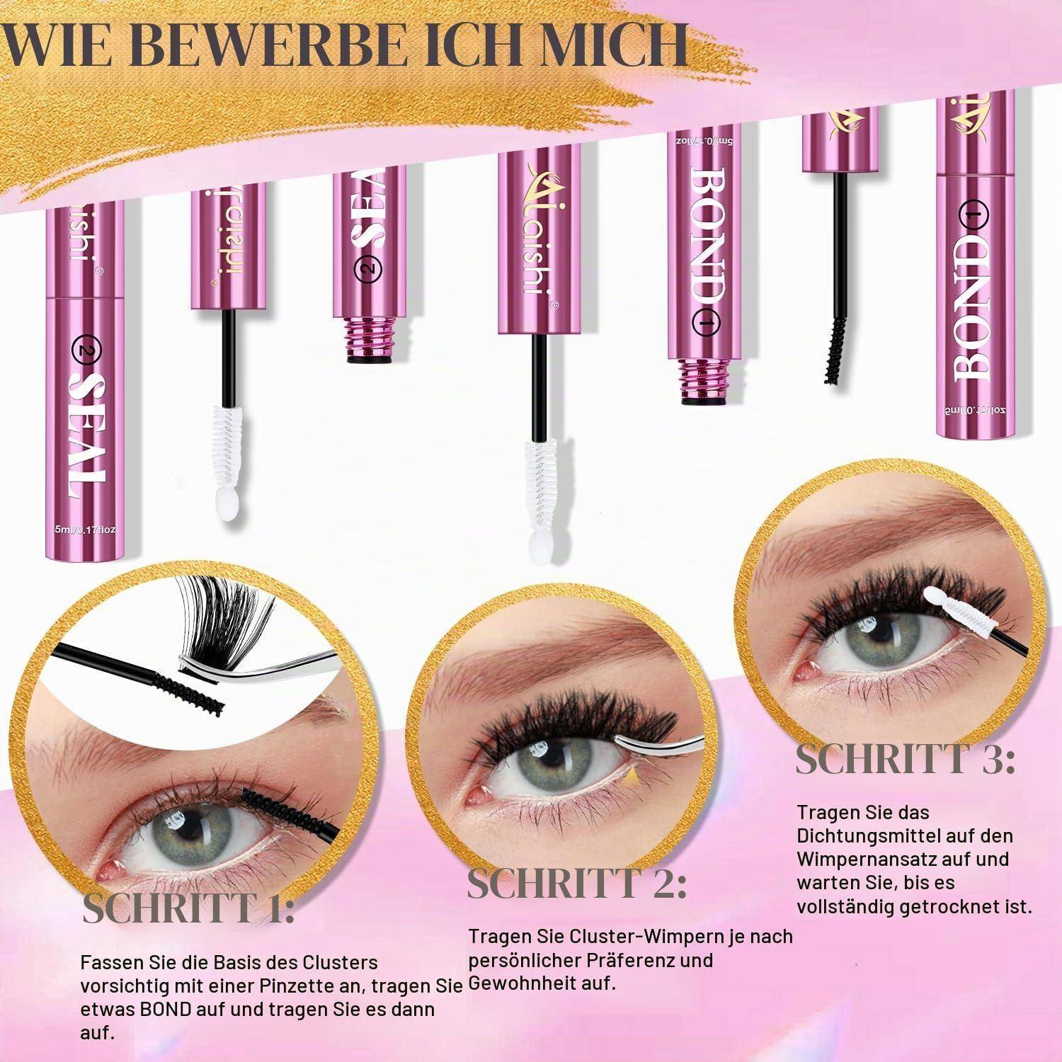 Wimperncluster-Kleber, Eyelash Bond & Seal, 150h langanhaltend wasserdicht, nicht reizend – Für DIY Einzelfasern zu Hause (Schwarz - 5ml+5ml) Black