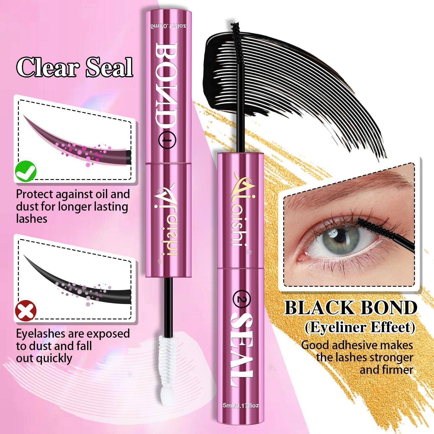 Produktanzeige für rosa Wimpernkleber-Tuben und Mascara-Wand, die zeigt, dass „Clear Seal