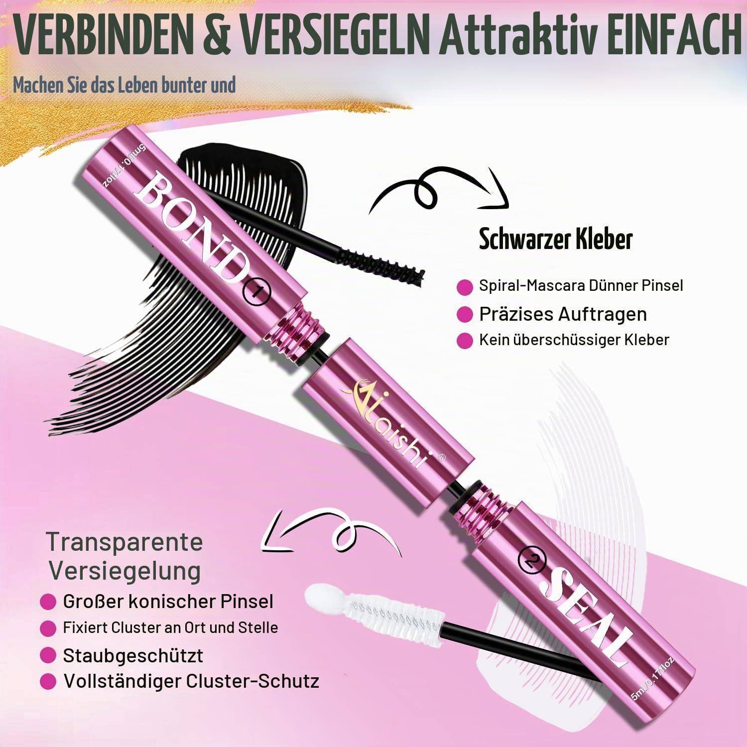 Wimperncluster-Kleber, Eyelash Bond & Seal, 150h langanhaltend wasserdicht, nicht reizend – Für DIY Einzelfasern zu Hause (Schwarz - 5ml+5ml) Black
