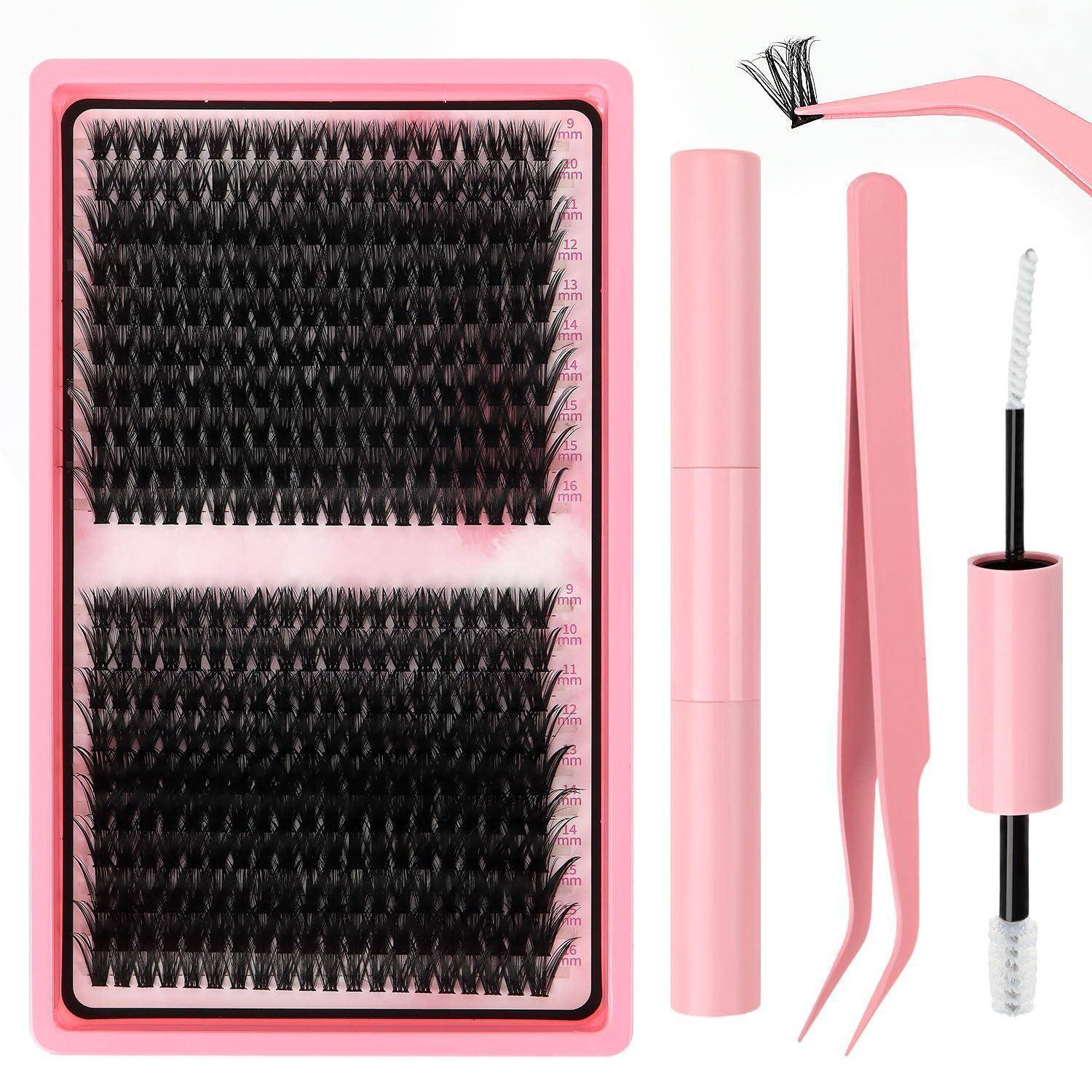 Rosa Fake-Wimpern-Set mit Tablett aus Wimpernbüscheln, Applikatorröhrchen, Pinzette und Maskara-ähnlichem Pinsel zum Auftragen der Wimpern.