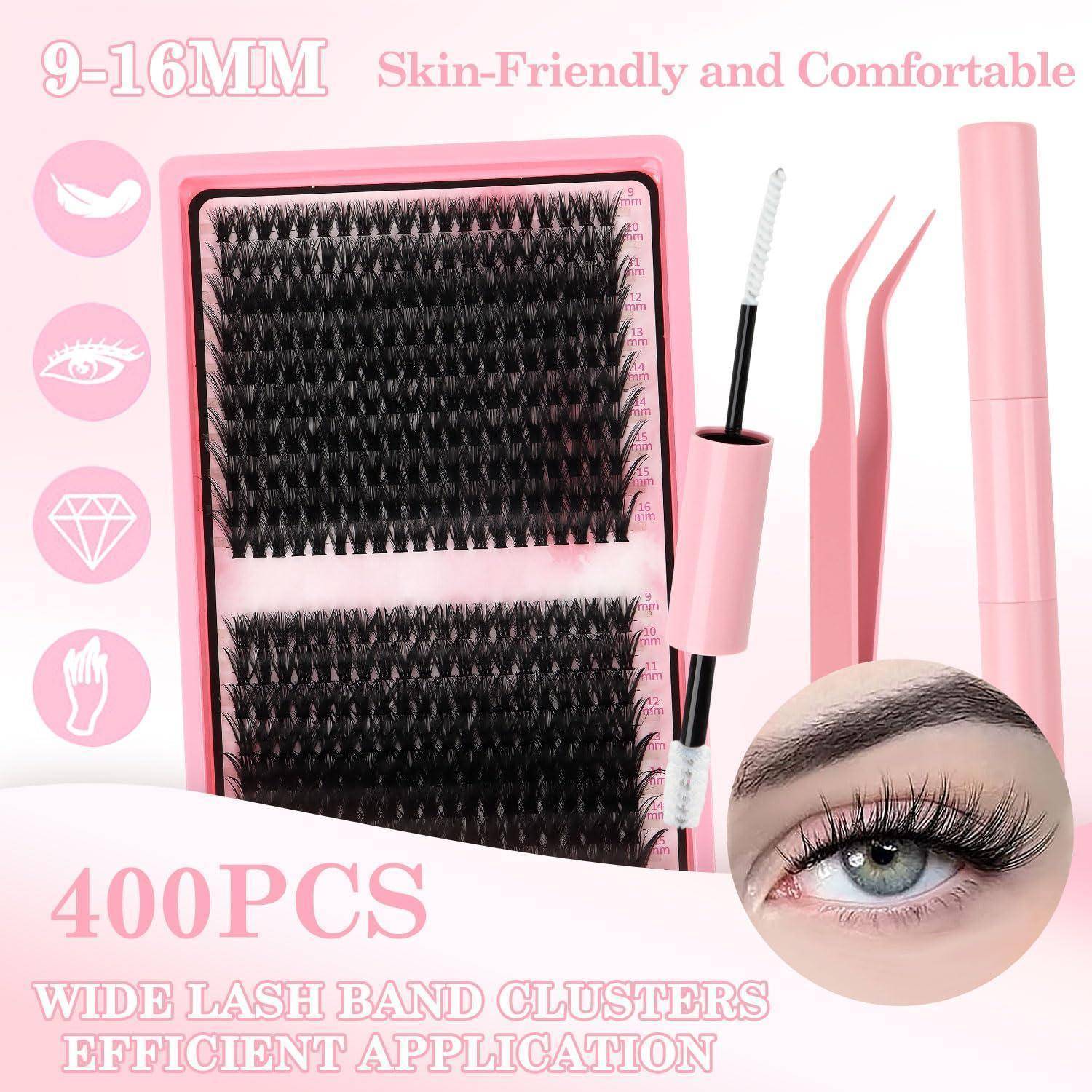 Rosa Wimpernverlängerungs-Set mit 9-16 mm Wimpernbüscheln, Pinzette und Applikator; Text sagt 