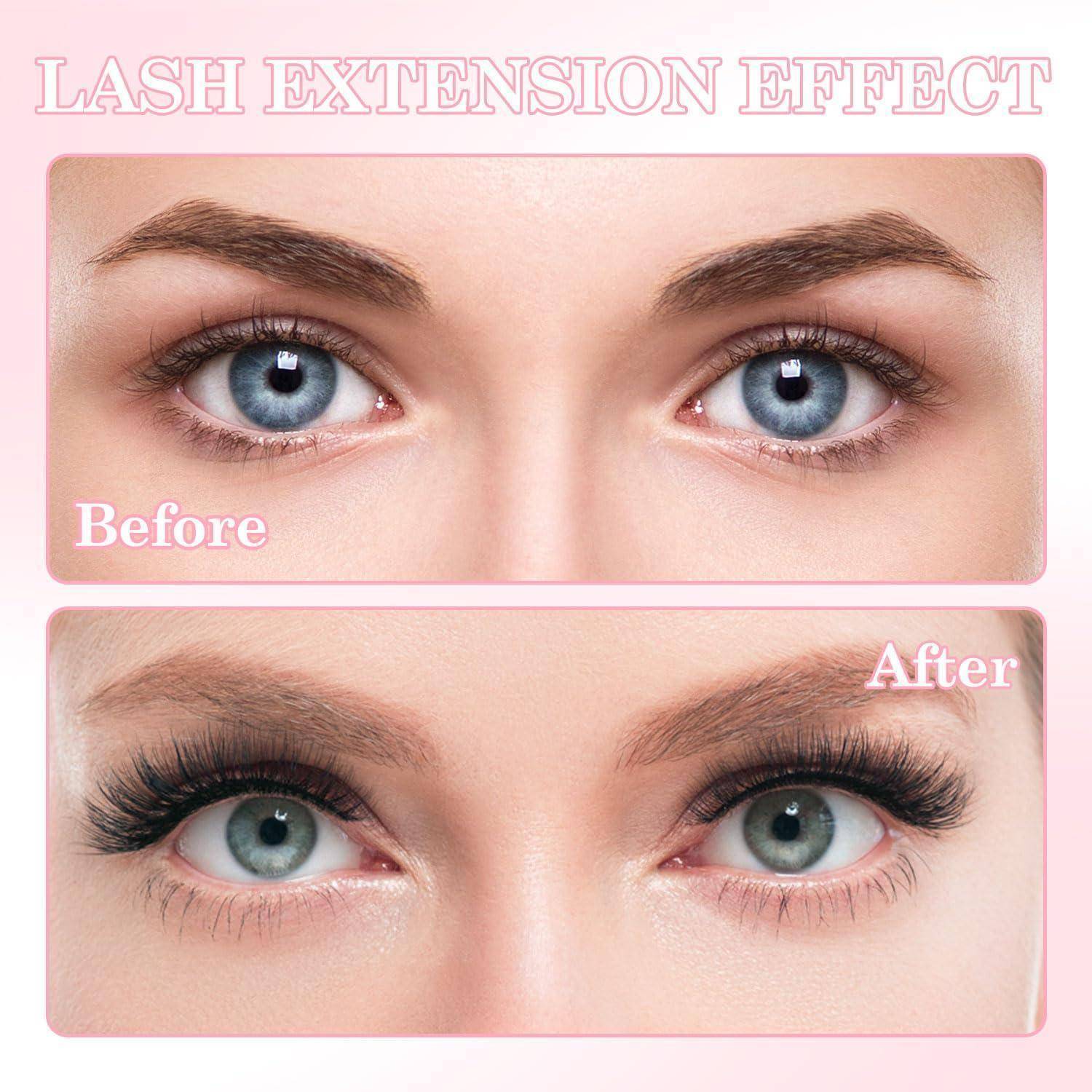 Nebeneinander-Vorher-und-Nachher-Nahaufnahme von blauen Augen, die die Wirkung von Wimpernverlängerungen zeigen, mit viel längeren und volleren Wimpern im Nachher-Bild.