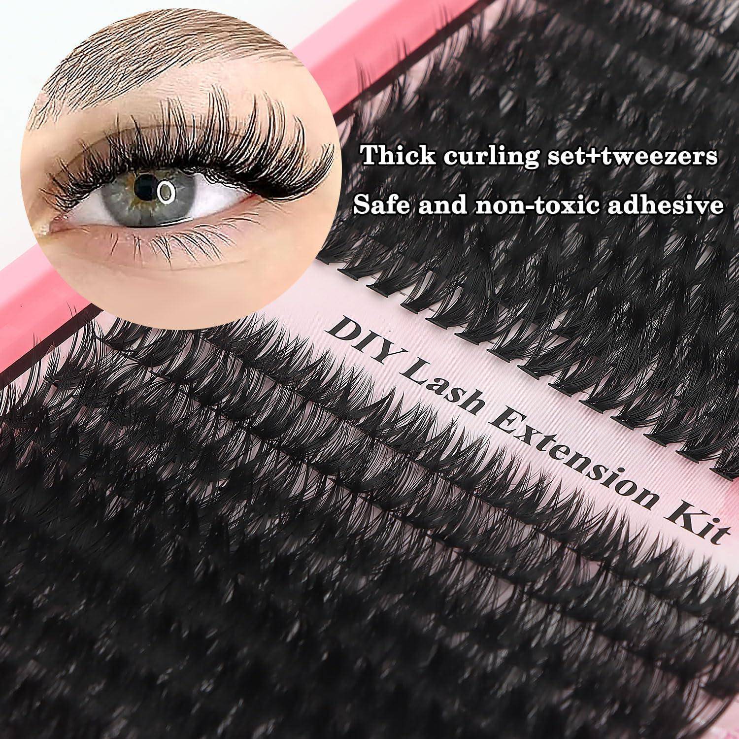 Nahaufnahme eines DIY-Wimpernverlängerungskits mit dicken falschen Wimpern und einem Auge mit aufgetragenen Wimpern in der Einfügung; Text besagt „Dickes Locken-Set + Pinzette