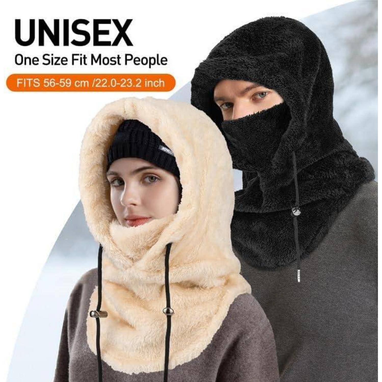Produktanzeige mit zwei Personen, die eine unisex Fleece-Sturmhaube in Einheitsgröße tragen, mit dem Text „Passt 56-59 cm / 22.0-23.2 Zoll