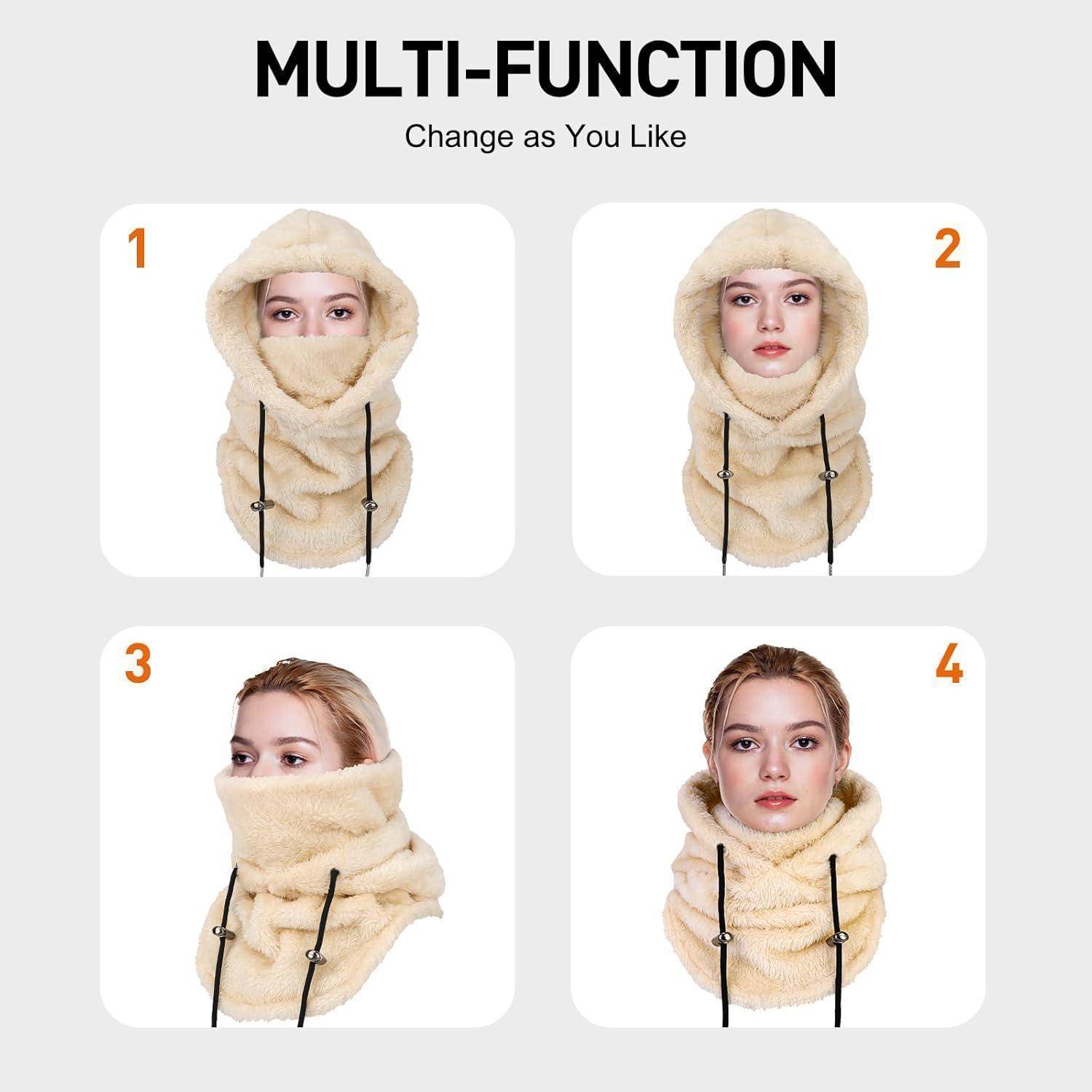 Vier Möglichkeiten, einen beigen Kunstfell-Halswärmer mit Kapuze zu tragen, gezeigt an einem Model unter dem Titel „MULTIFUNKTIONAL
