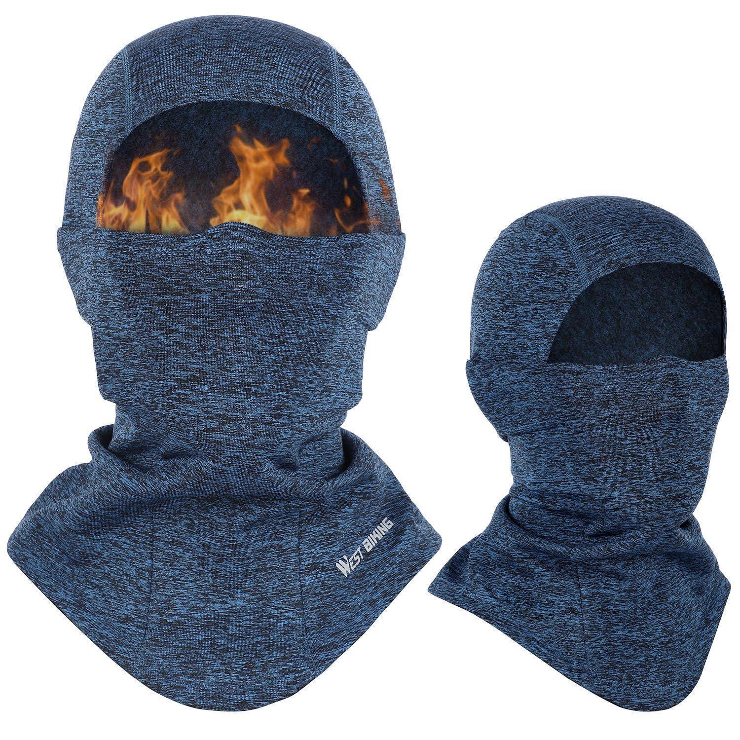 Blaue thermische Sturmhaube mit Gesichtsmaske, von vorne und von der Seite gezeigt, mit flammengemusterter Augenöffnung und Nackenbedeckung zum Schutz bei kaltem Wetter.